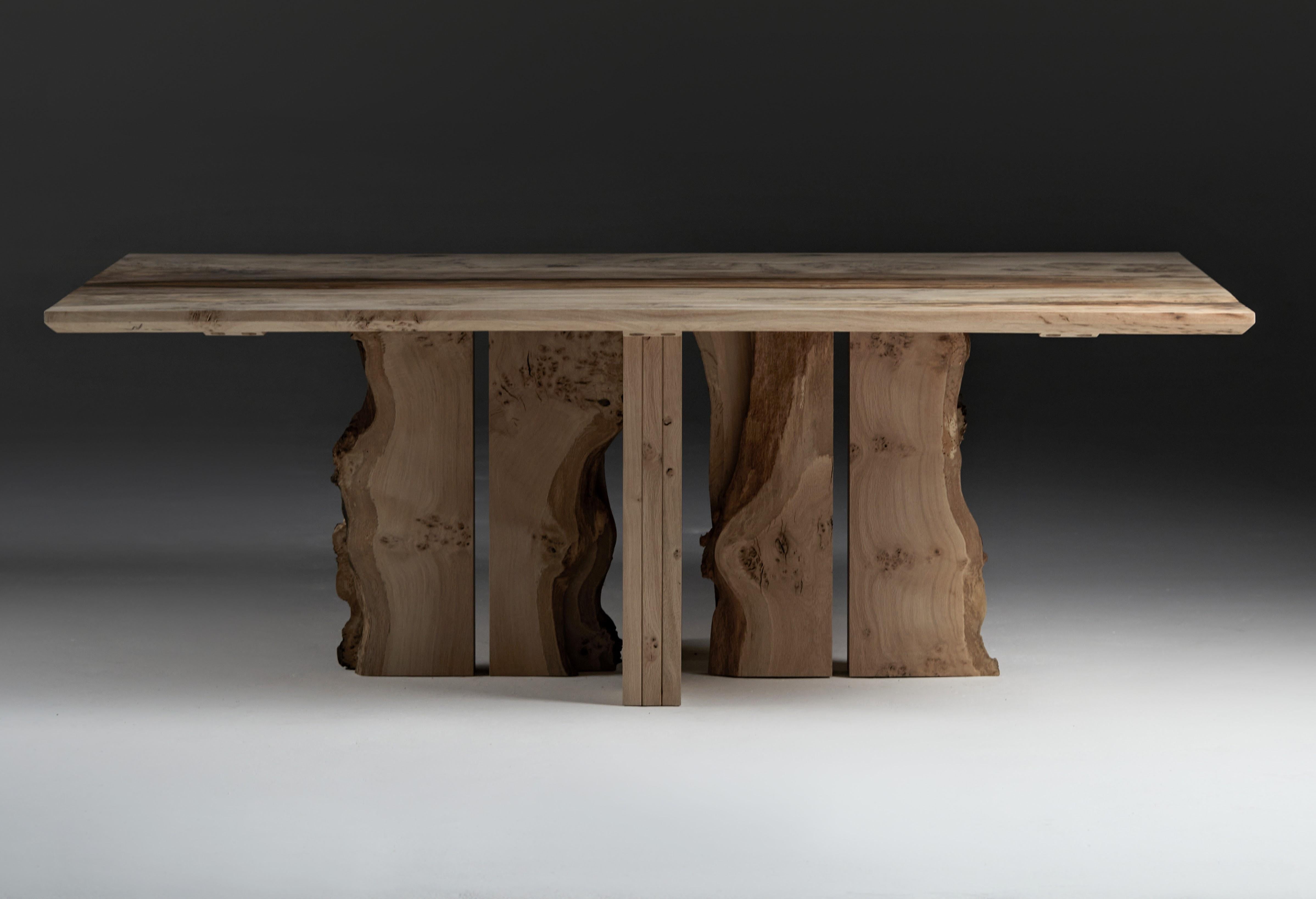 Elm Dining Table in English Oak with inverted live edge centre legs  For Sale