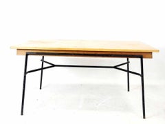 Dining Table in Oak Veneer, Blackened Tubular Metal Base, circa 1950