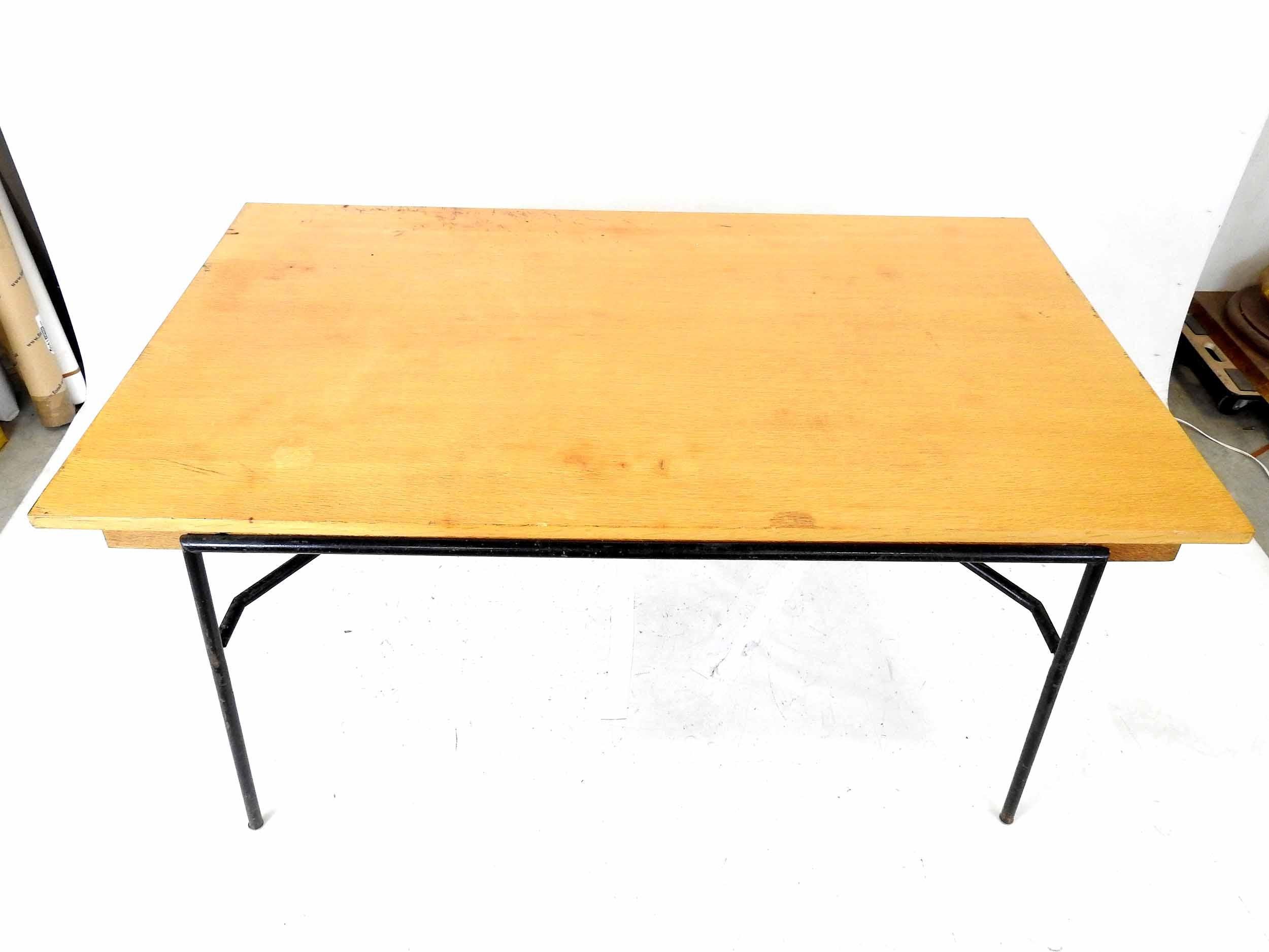 Dining Table in Oak Veneer, Blackened Tubular Metal Base, circa 1950 For Sale 1