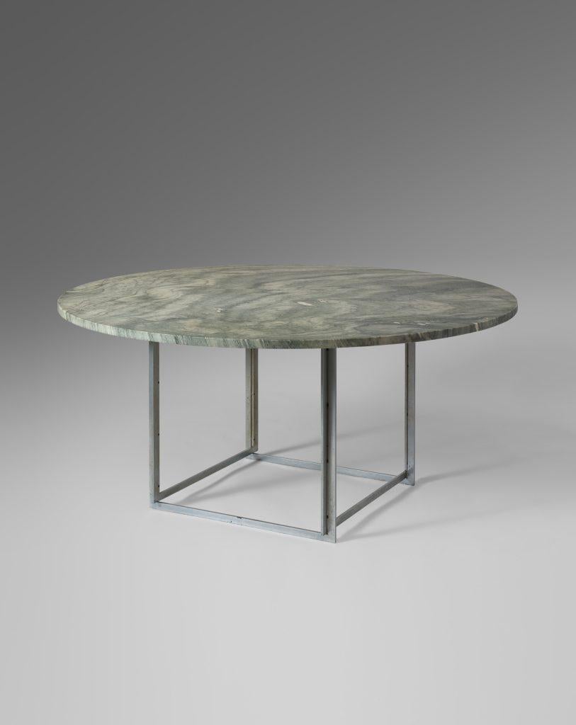 Dining table model PK54 designed by Poul Kjaerholm for E Kold Christensen,
Denmark, 1963.

Flint-rolled Cippolino marble and steel.

Stamped.

Dimensions:
H: 65 cm / 25 1/2 