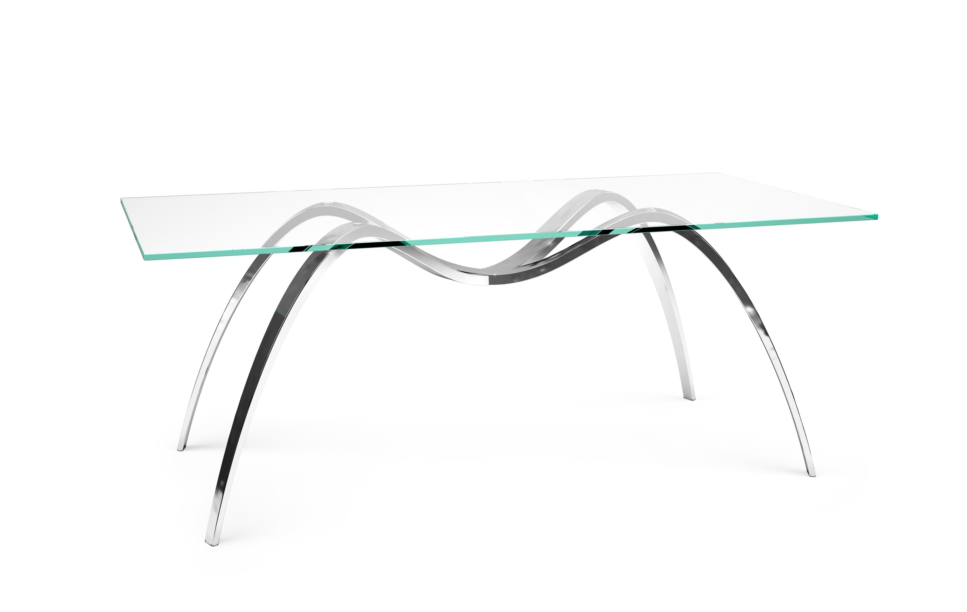 The 'Spider Classic Small'  dining table is made of mirror polished stainless and tabletop in extra-clear crystal glass.

Dining table dimension: L 190 x W 90 x H 75cm. Dimensions are customizable.

Limited Edition of 15.

Each table is hand signed