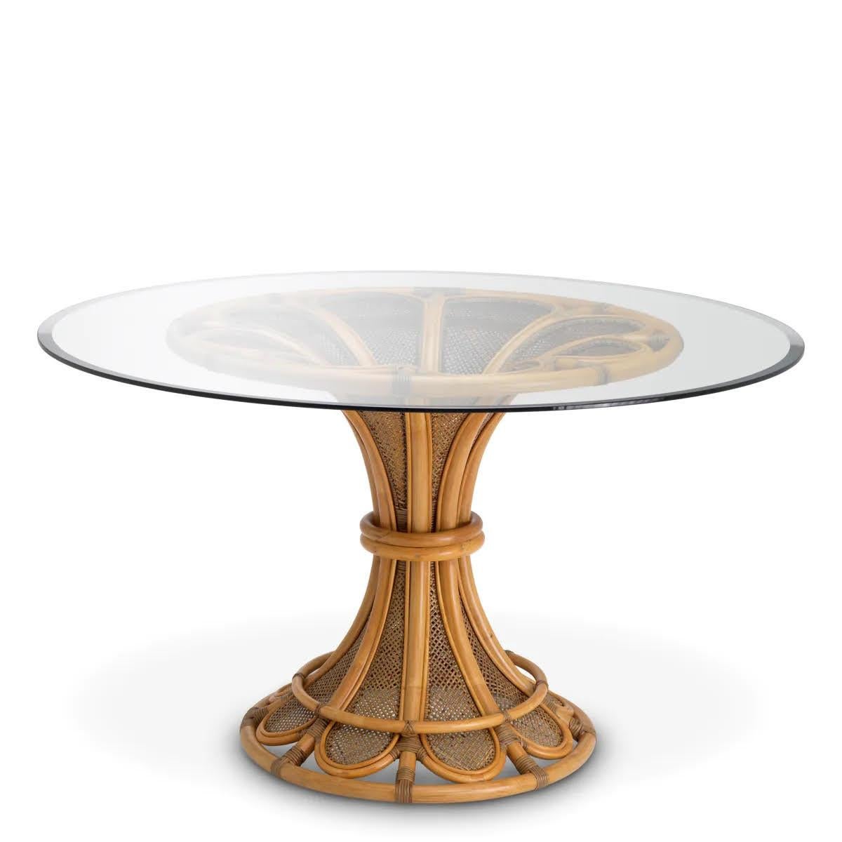 Esstisch, Rattan natur, transparentes, abgeschrägtes Glas. (Moderne) im Angebot