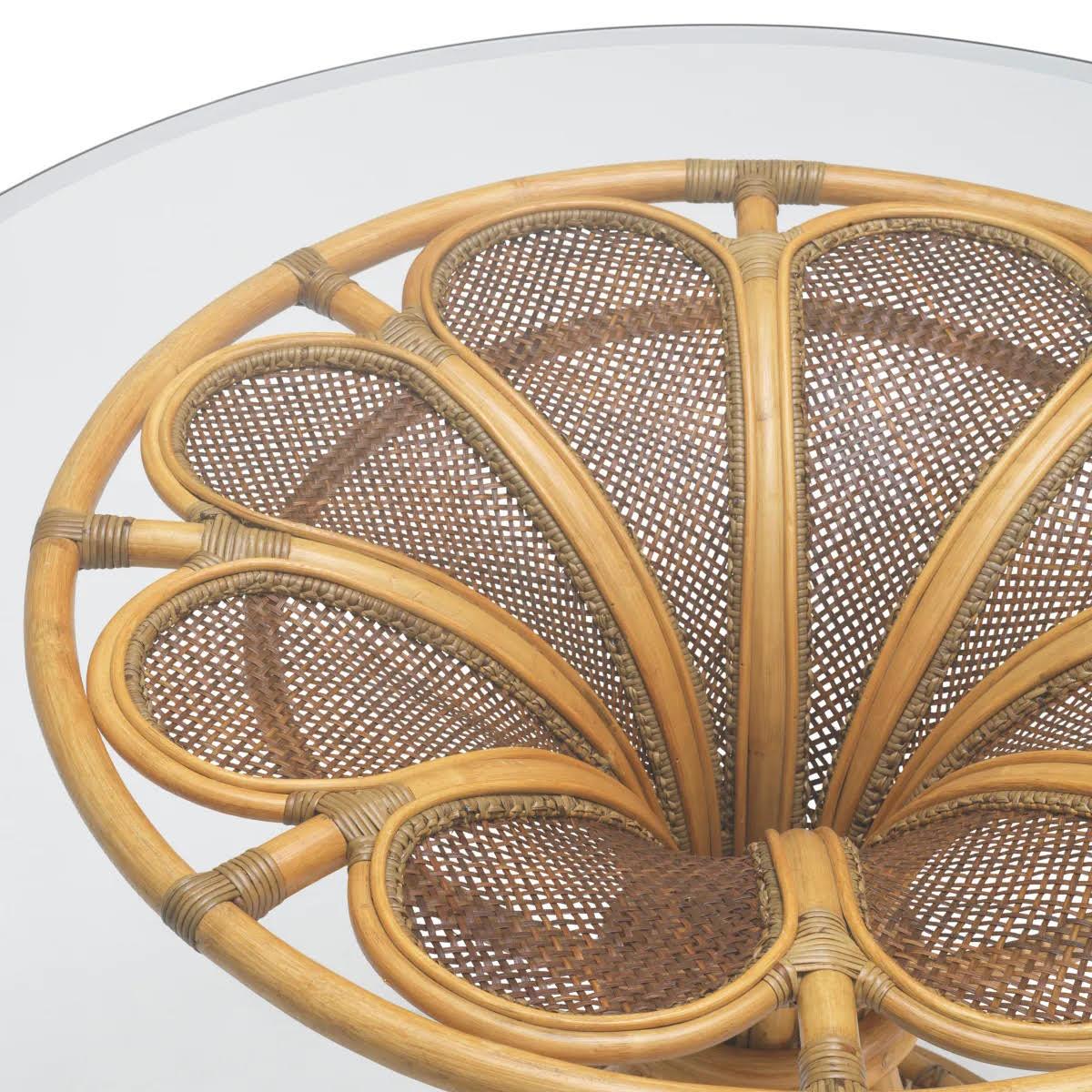 Esstisch, Rattan natur, transparentes, abgeschrägtes Glas. (Französisch) im Angebot