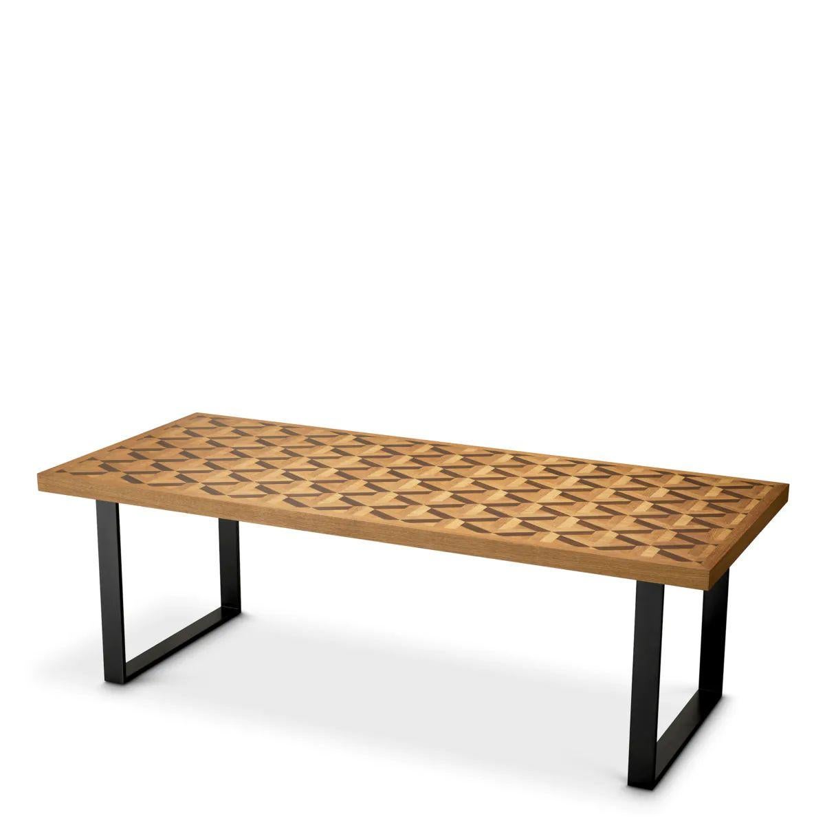 La table de salle à manger en placage de chêne avec une finition bronze incarne un savoir-faire raffiné et une élégance intemporelle. Conçu avec un motif d'incrustation innovant, il met en valeur la beauté naturelle du chêne à travers des tons