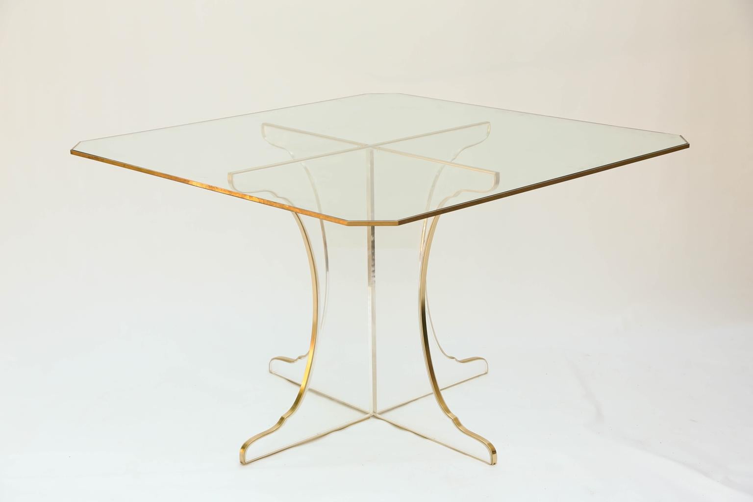 Dining Table on Lucite Base with Brass Border in the Manner of Springer 1