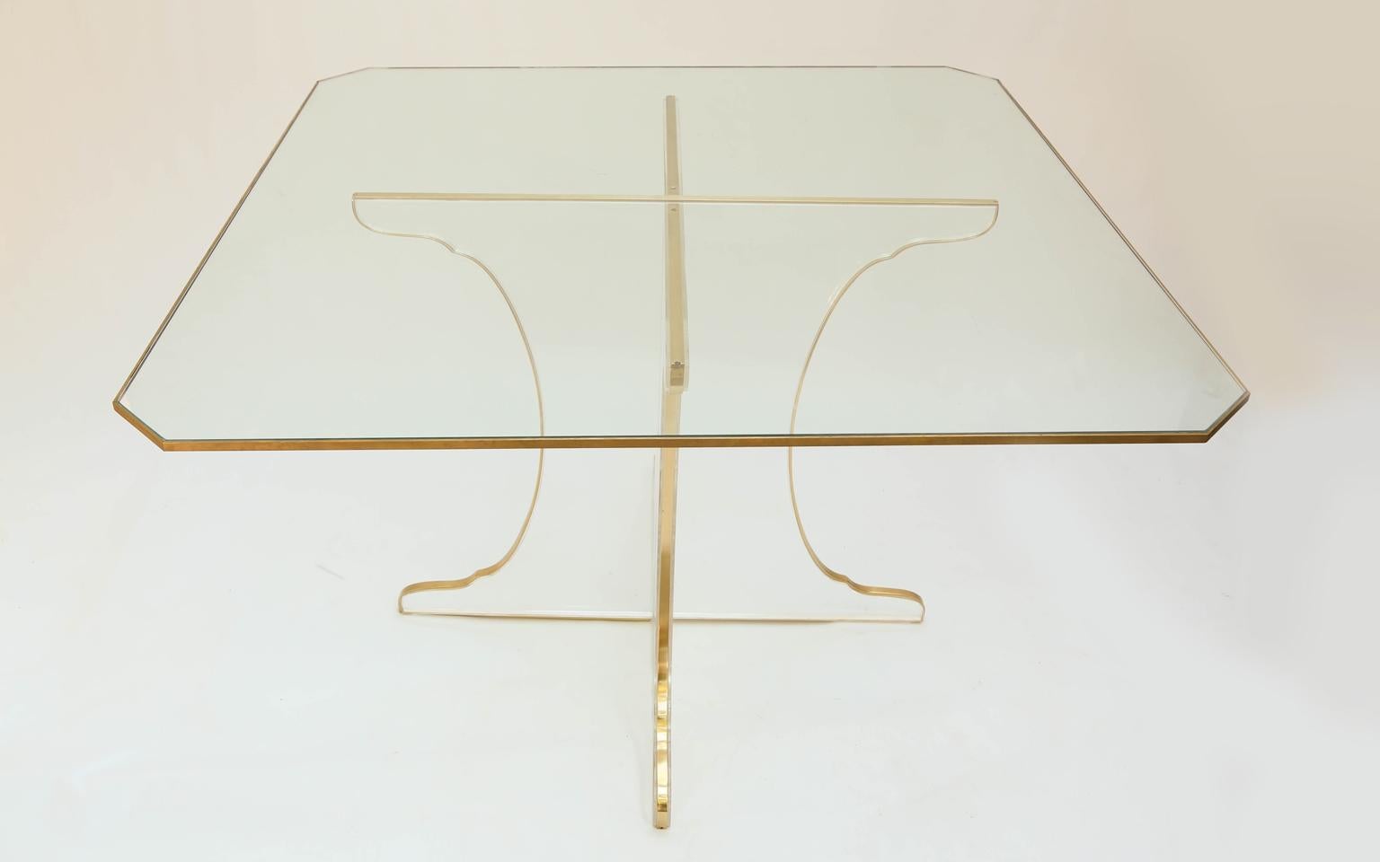 Dining Table on Lucite Base with Brass Border in the Manner of Springer 4
