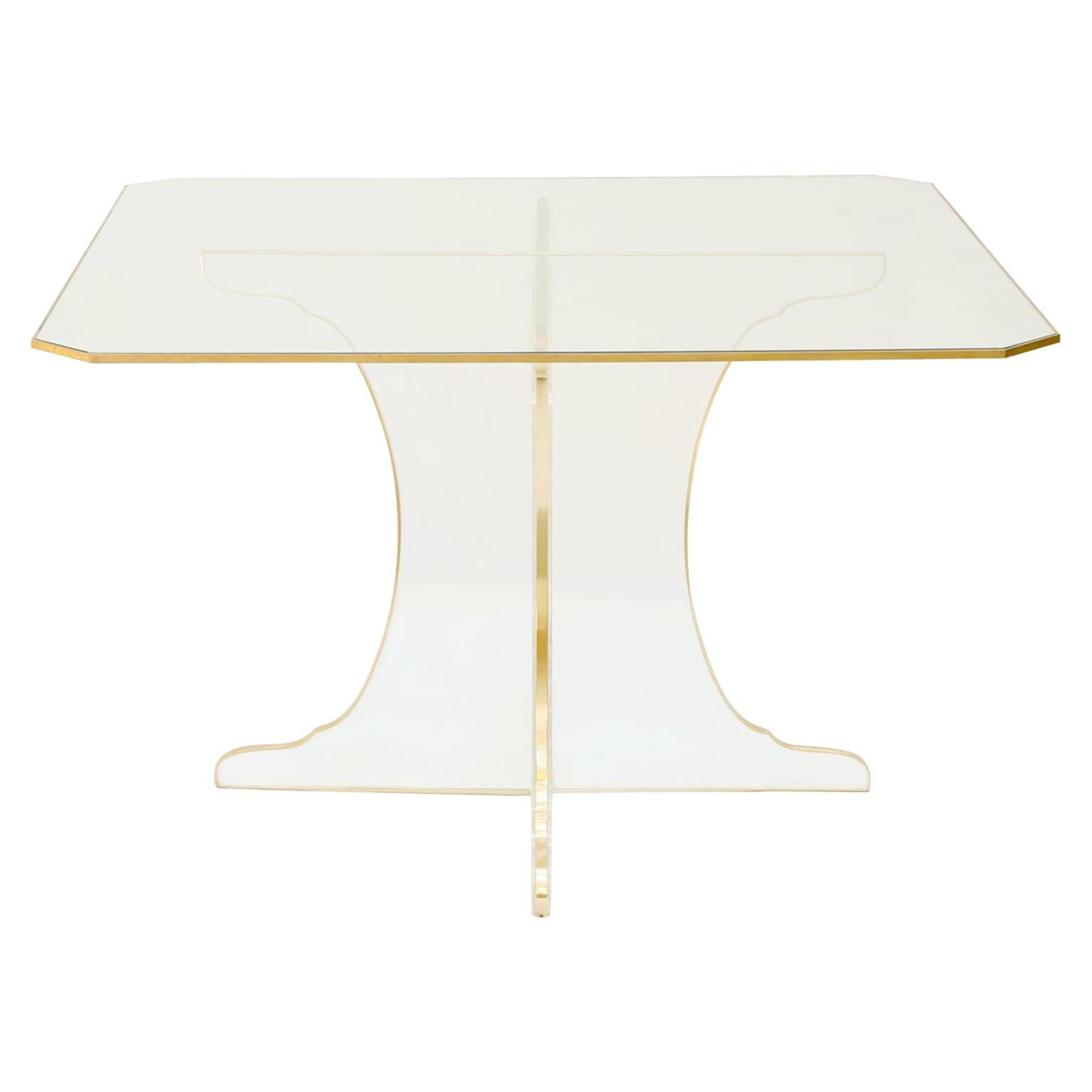 Dining Table on Lucite Base with Brass Border in the Manner of Springer For Sale