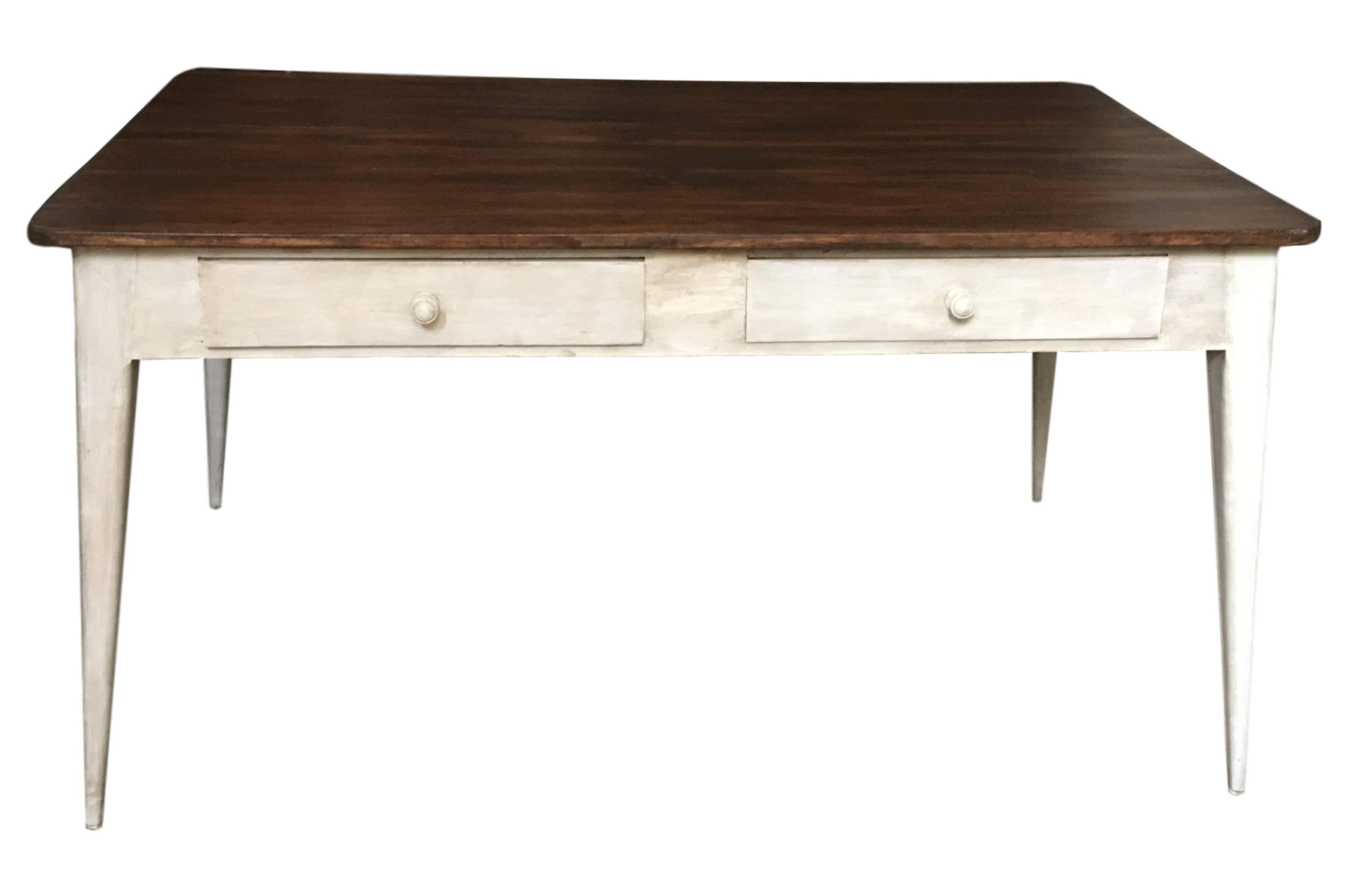 French Provincial Dining Table or Partners Desk with Four Drawers in Antique White Patina, France
