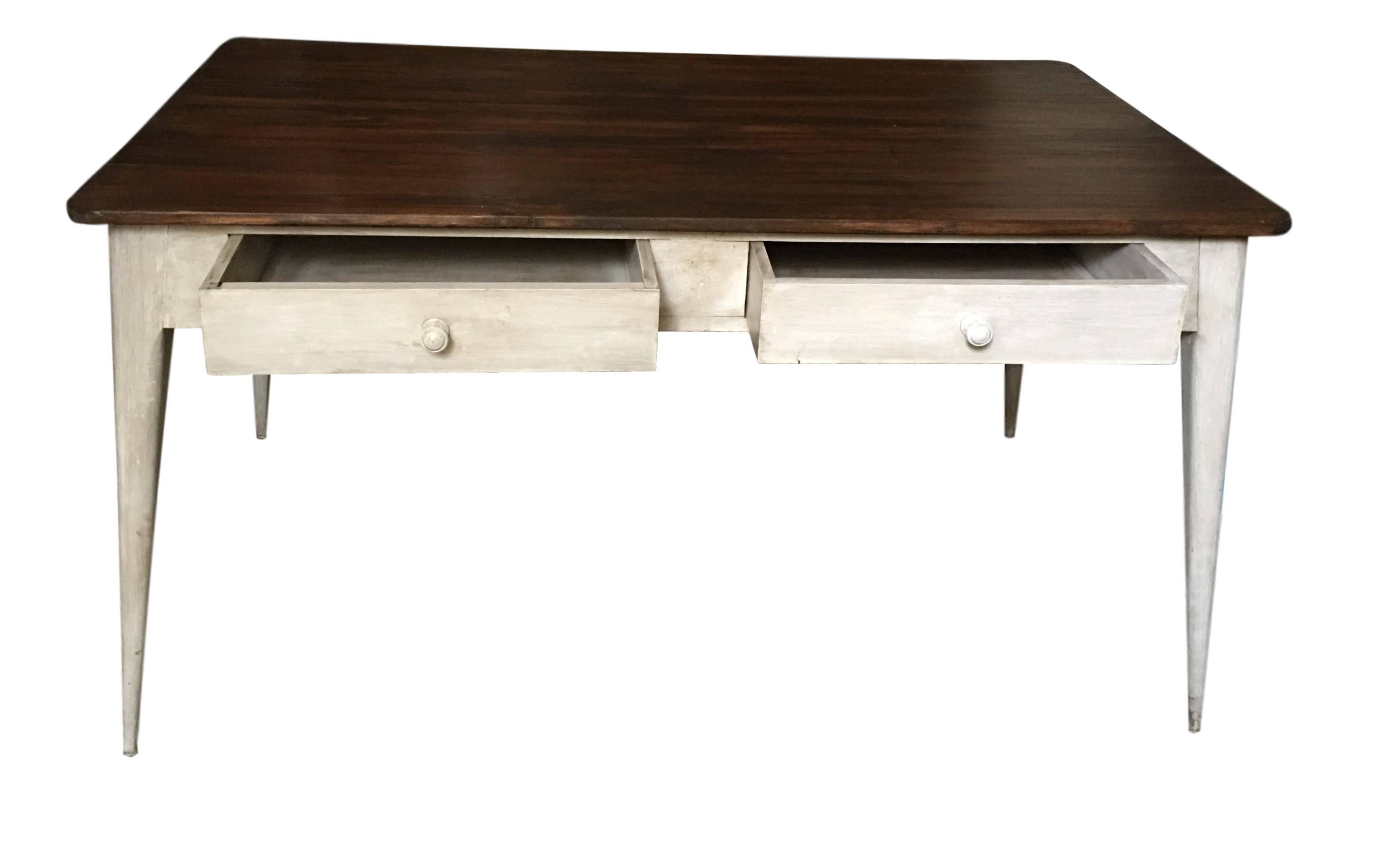 French Dining Table or Partners Desk with Four Drawers in Antique White Patina, France