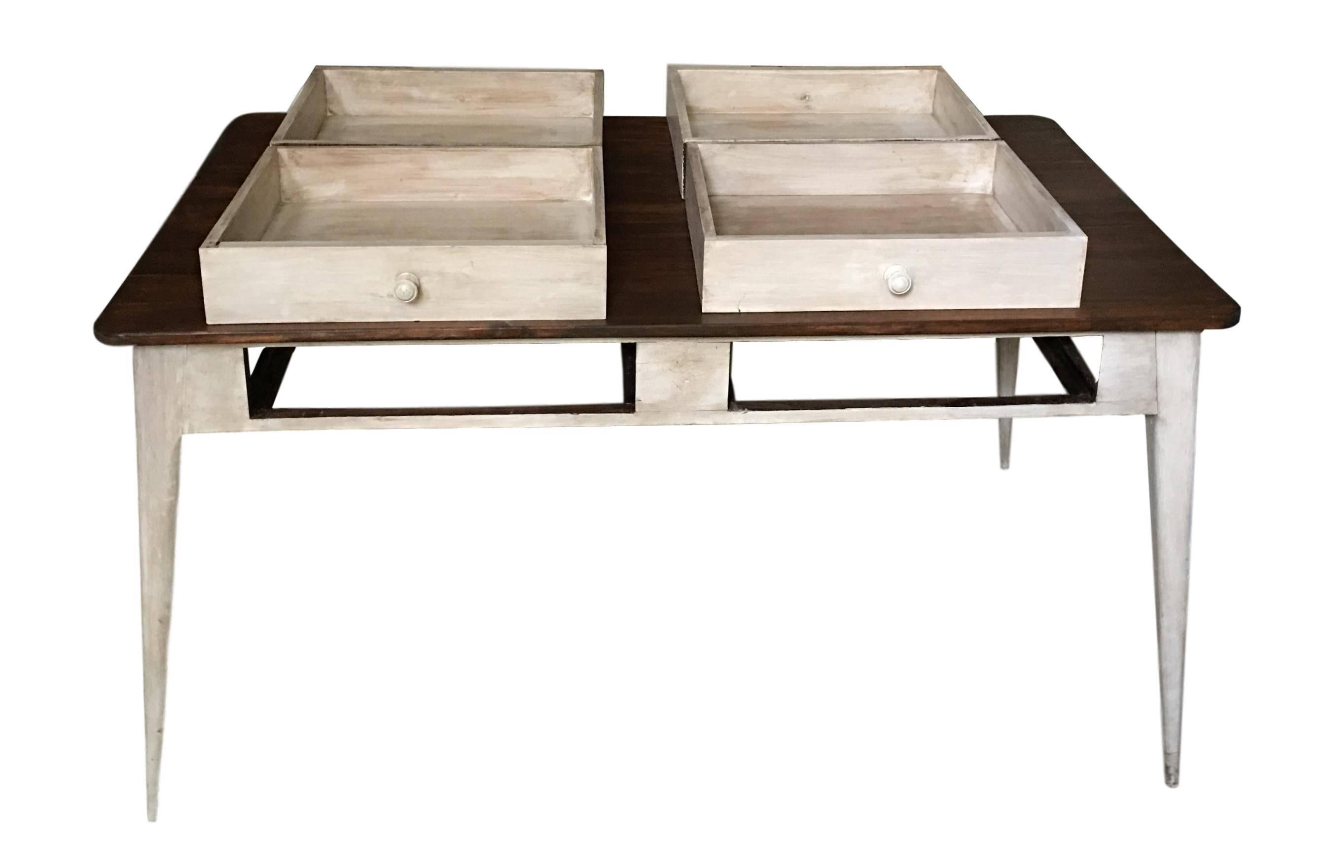20th Century Dining Table or Partners Desk with Four Drawers in Antique White Patina, France