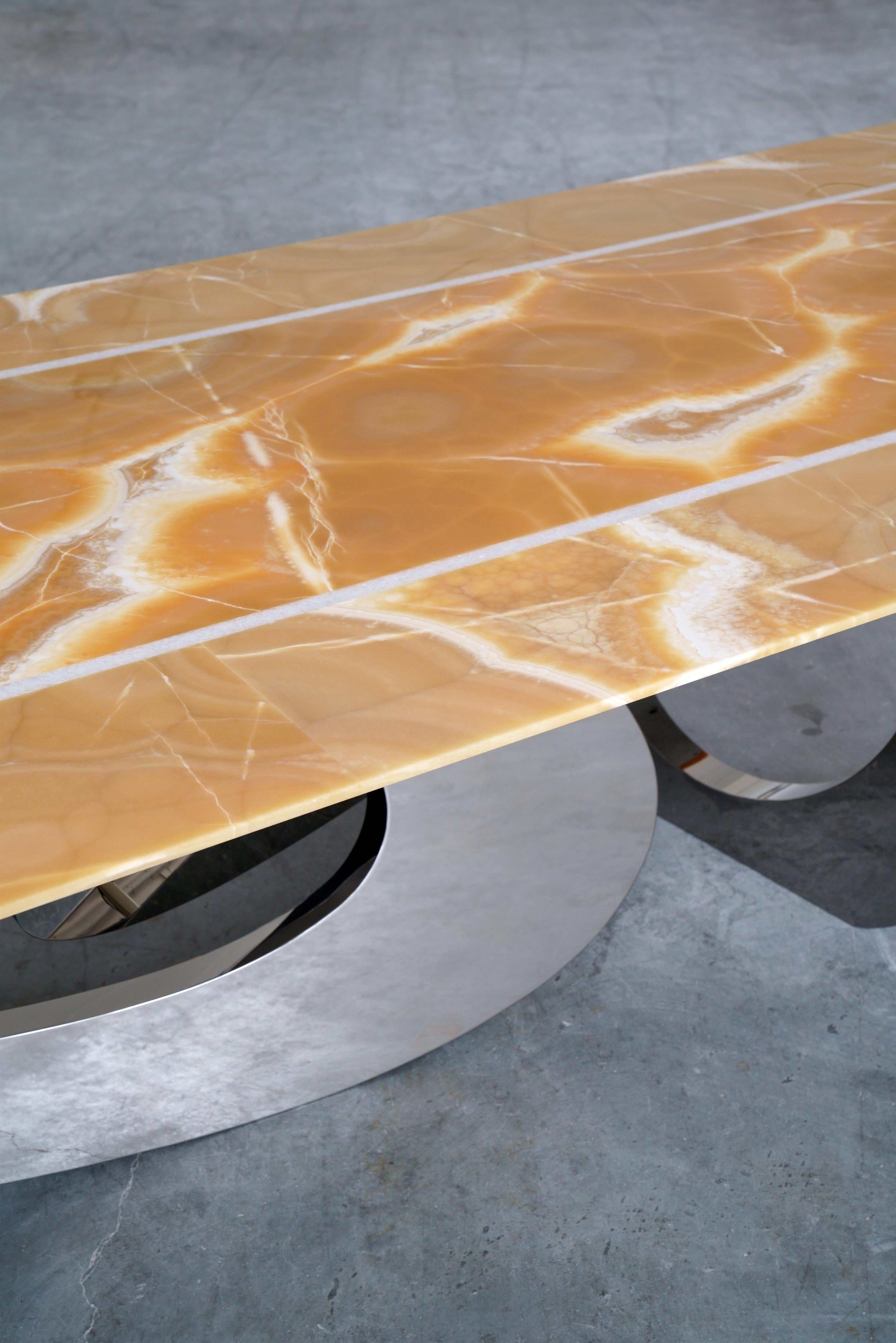 Dining Table Orange Onyx Sculpture Mirror Steel White Marble Inlay Made in Italy For Sale 2