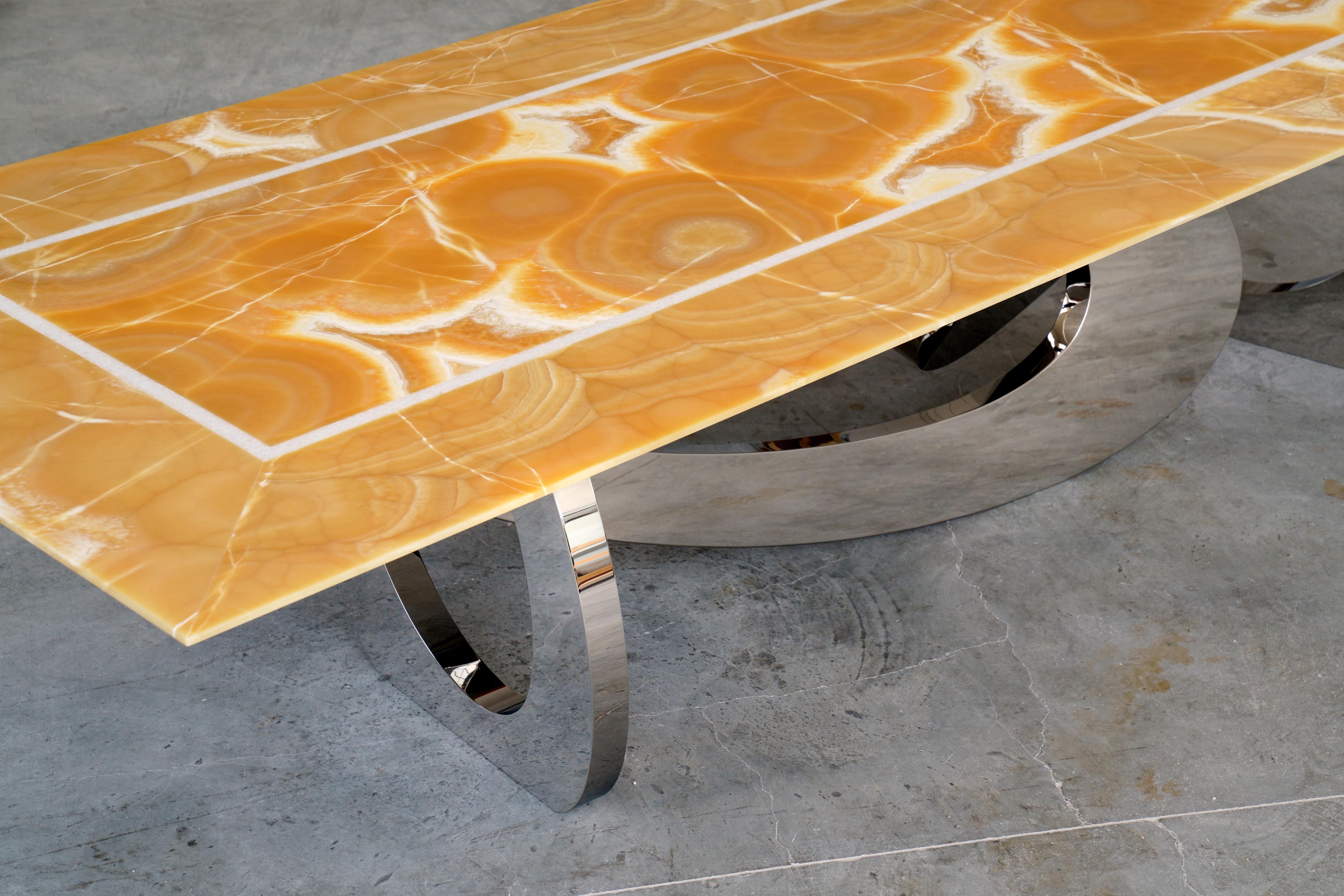 Dining Table Orange Onyx Sculpture Mirror Steel White Marble Inlay Made in Italy For Sale 4