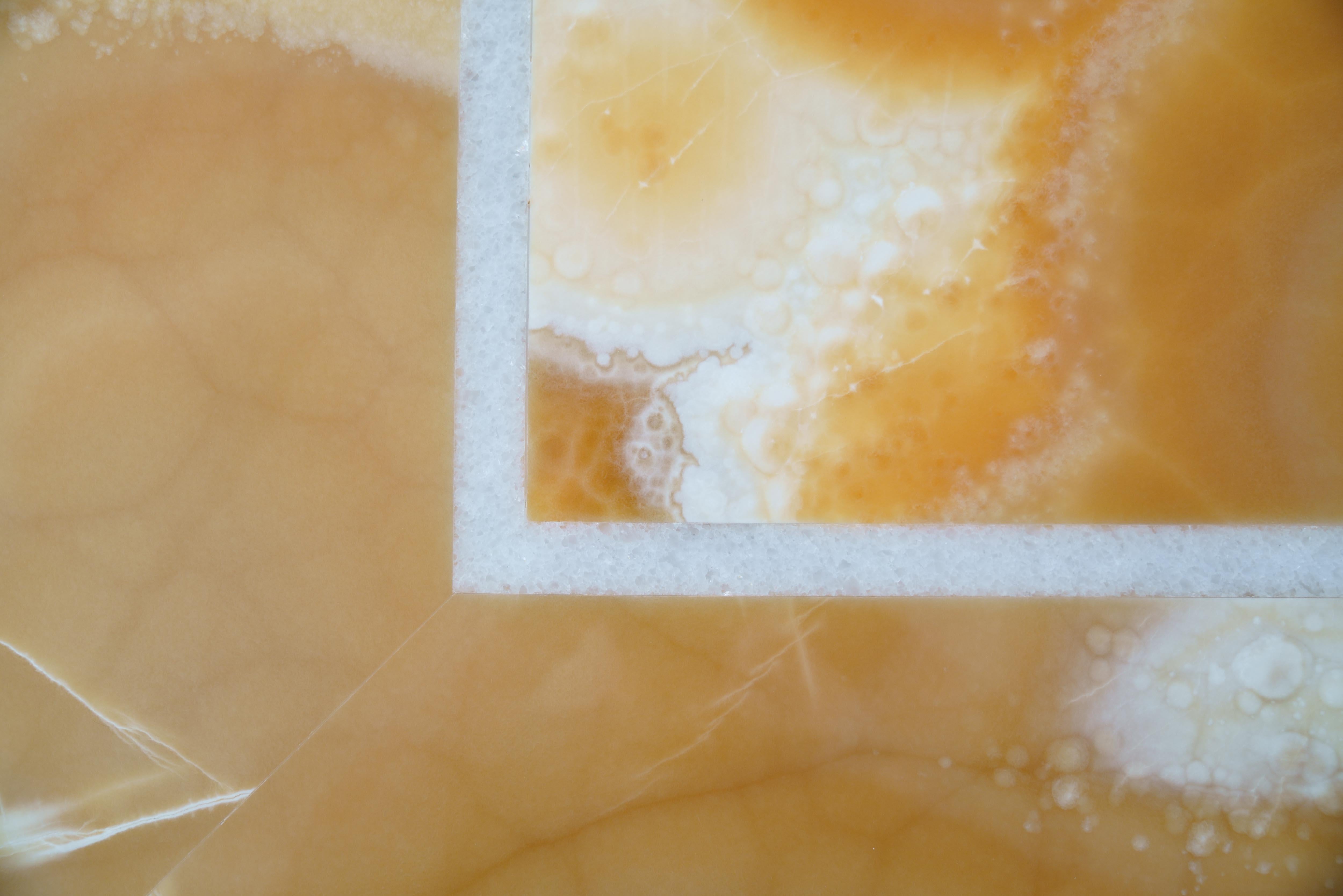 Dining Table Orange Onyx Sculpture Mirror Steel White Marble Inlay Made in Italy en vente 7