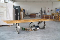 Dining Table Orange Onyx Sculpture Mirror Steel White Marble Inlay Made in Italy