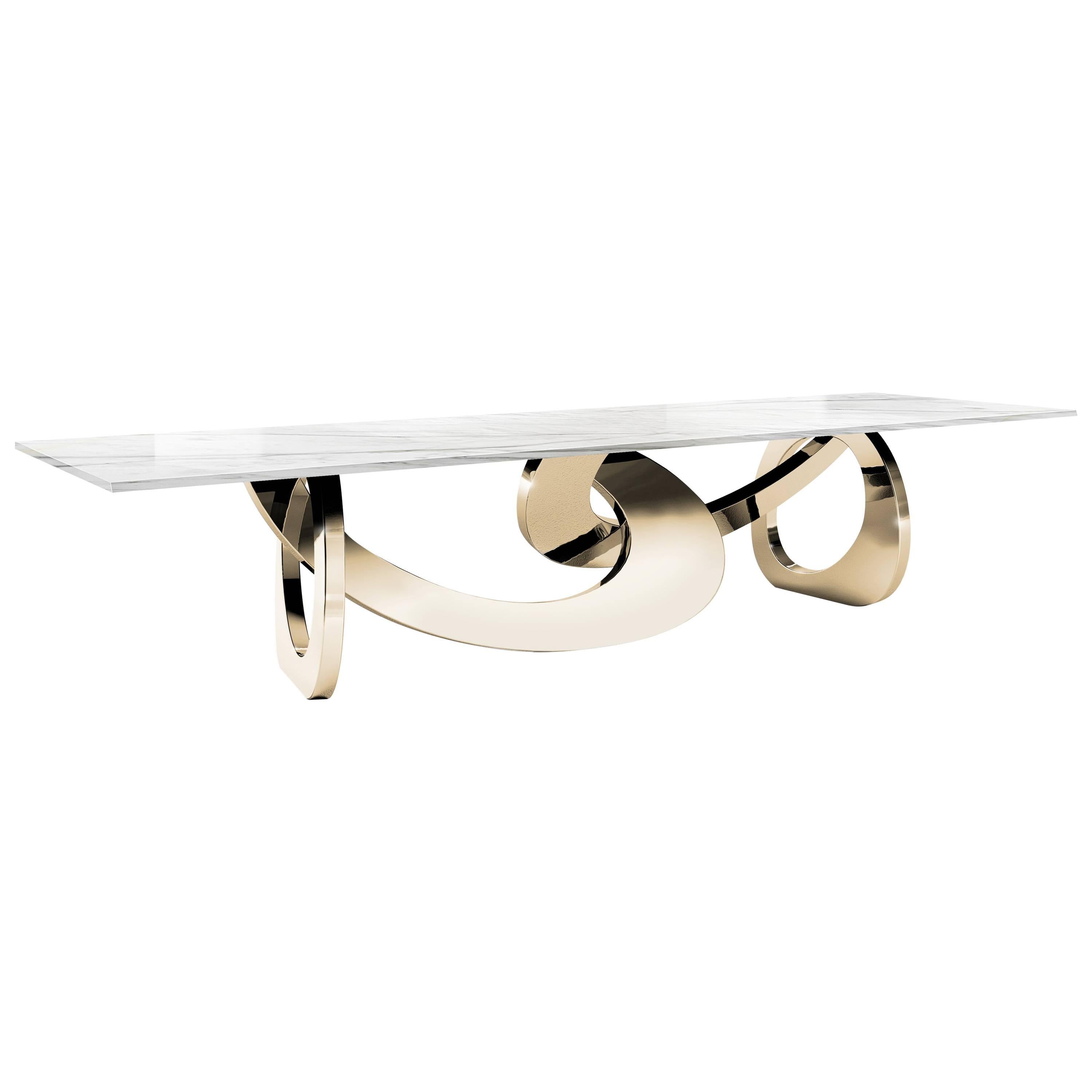 Modern Dining Table Sculptural 24 Kt Gold Mirror Steel Base Black Marquina Marble Top For Sale