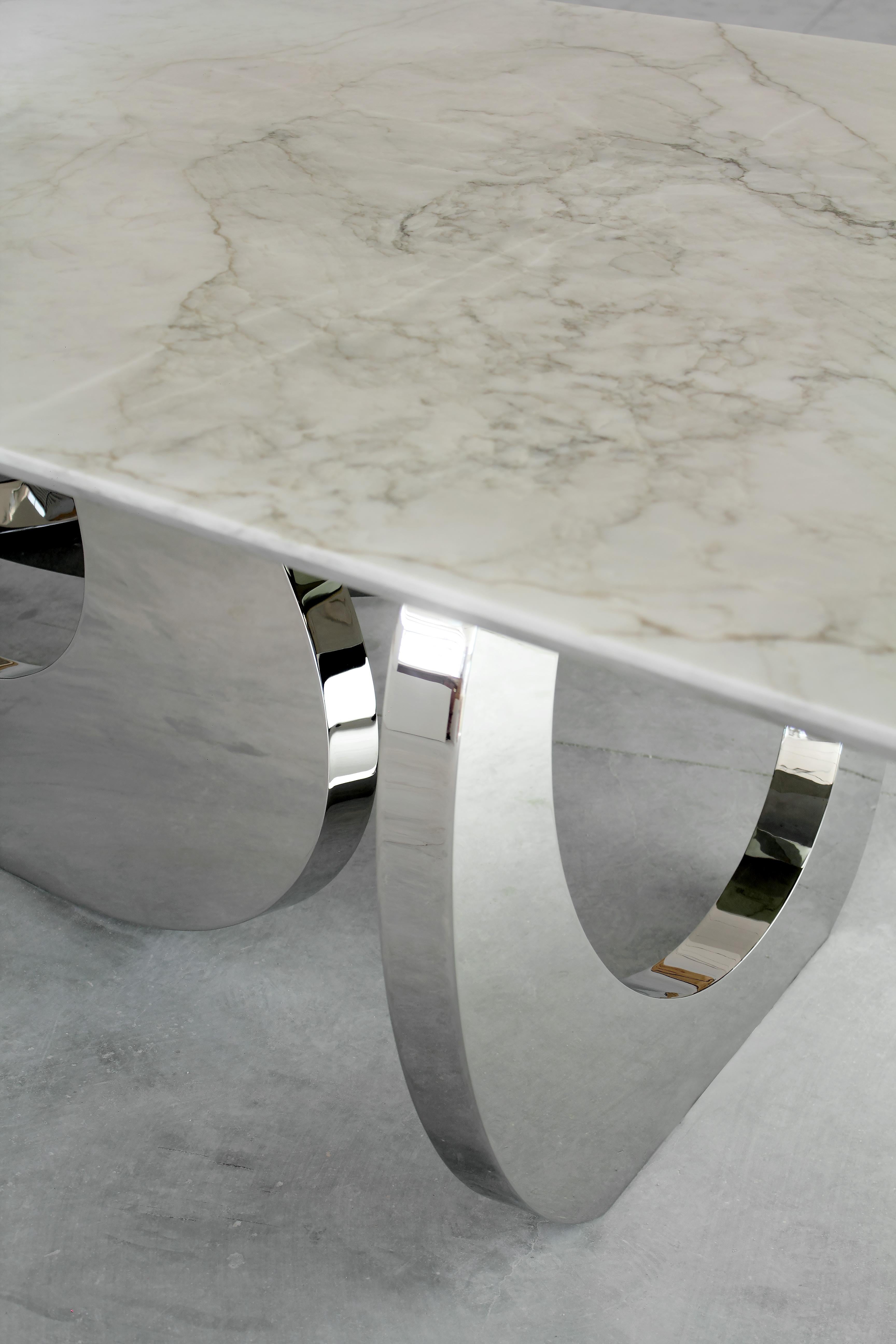 Dining Table Ring Leg Sculpture White Marble Mirror Steel Collectible Design  For Sale 2