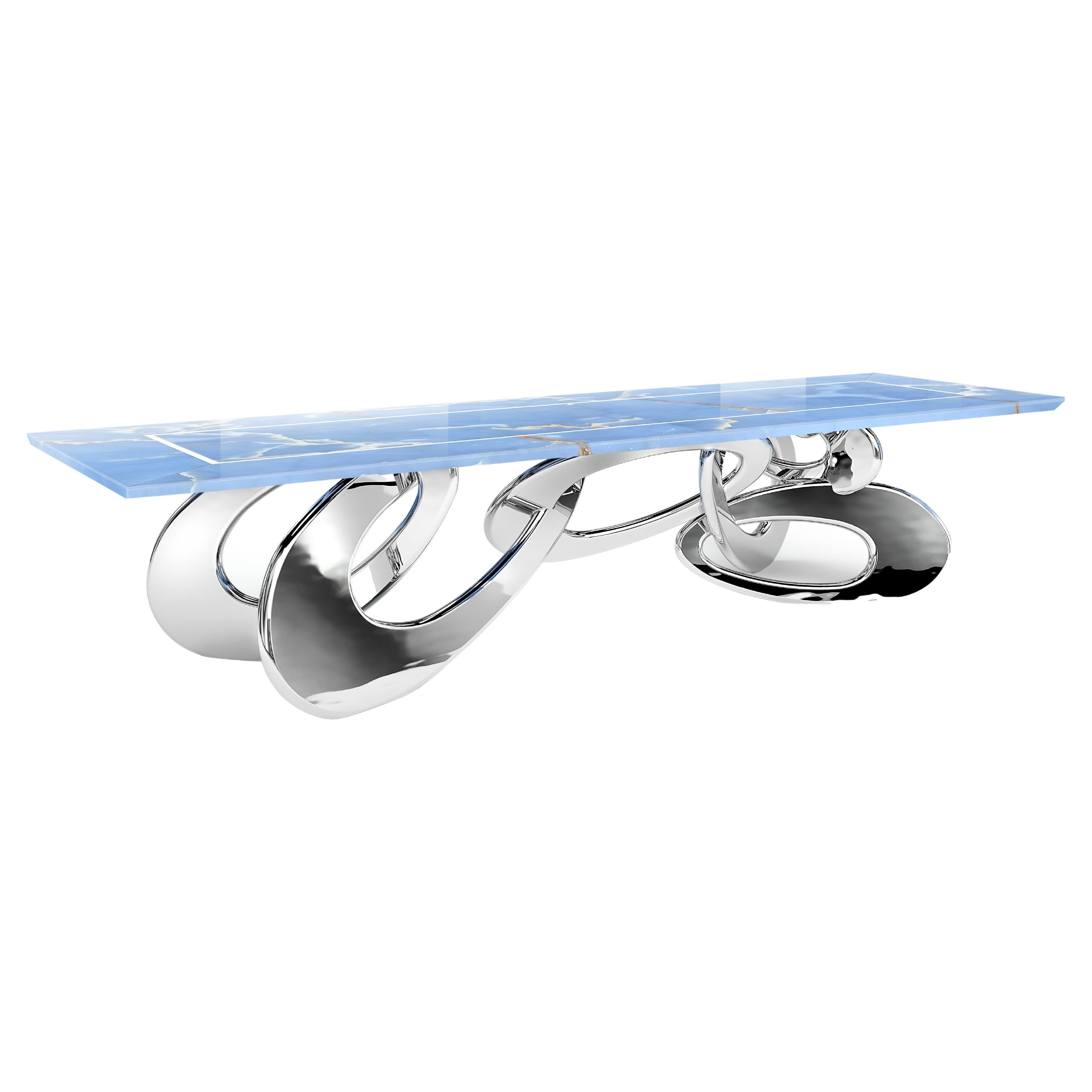 Dining Table Rings Mirror Steel Base Sculpture Top Blue Onyx Marble Made Italy
