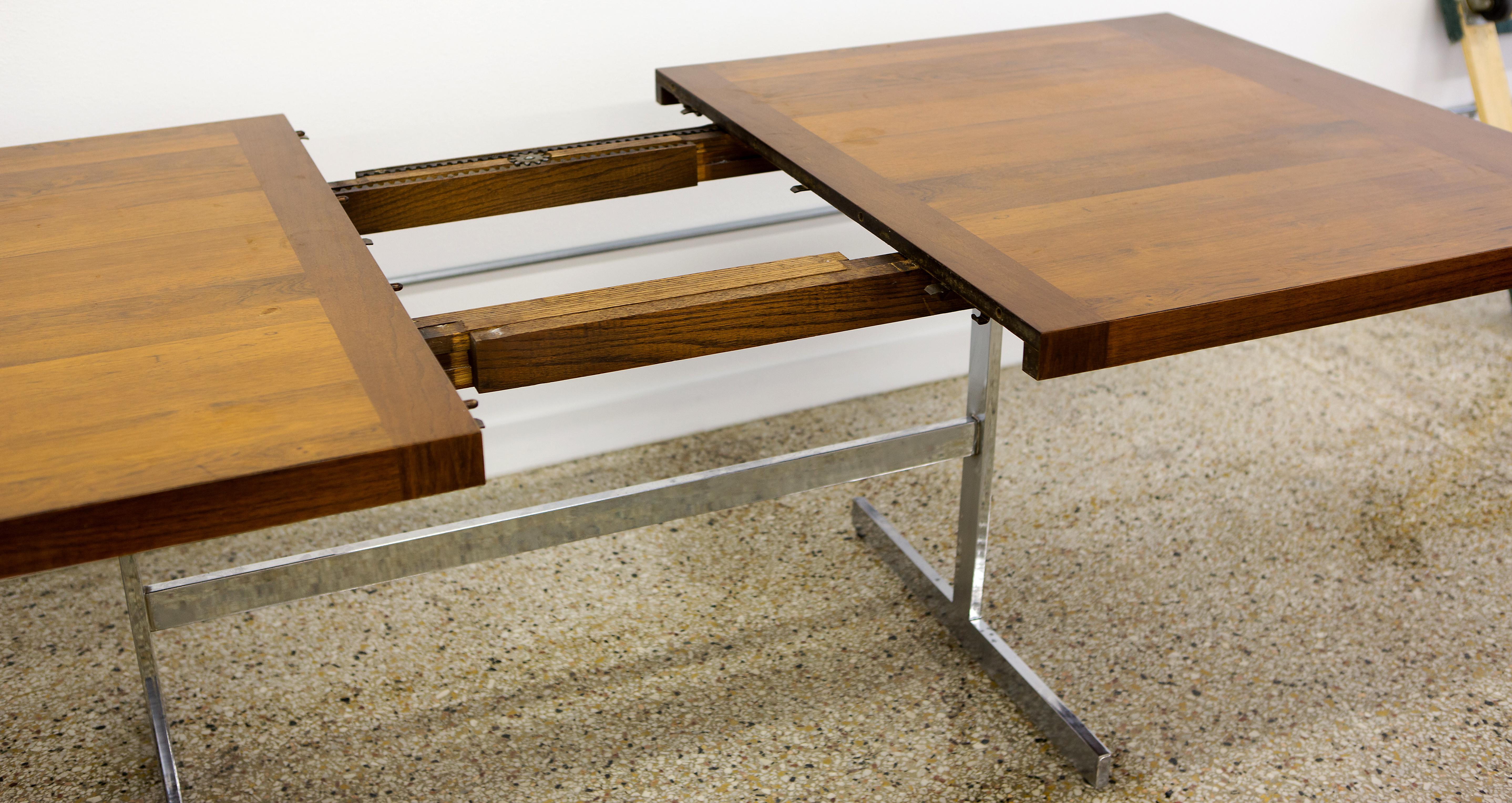 Mid-Century Modern Dining Table, Rosewood with 1 Leaf Extension on Chrome Base by Alfred Hendrickx 
