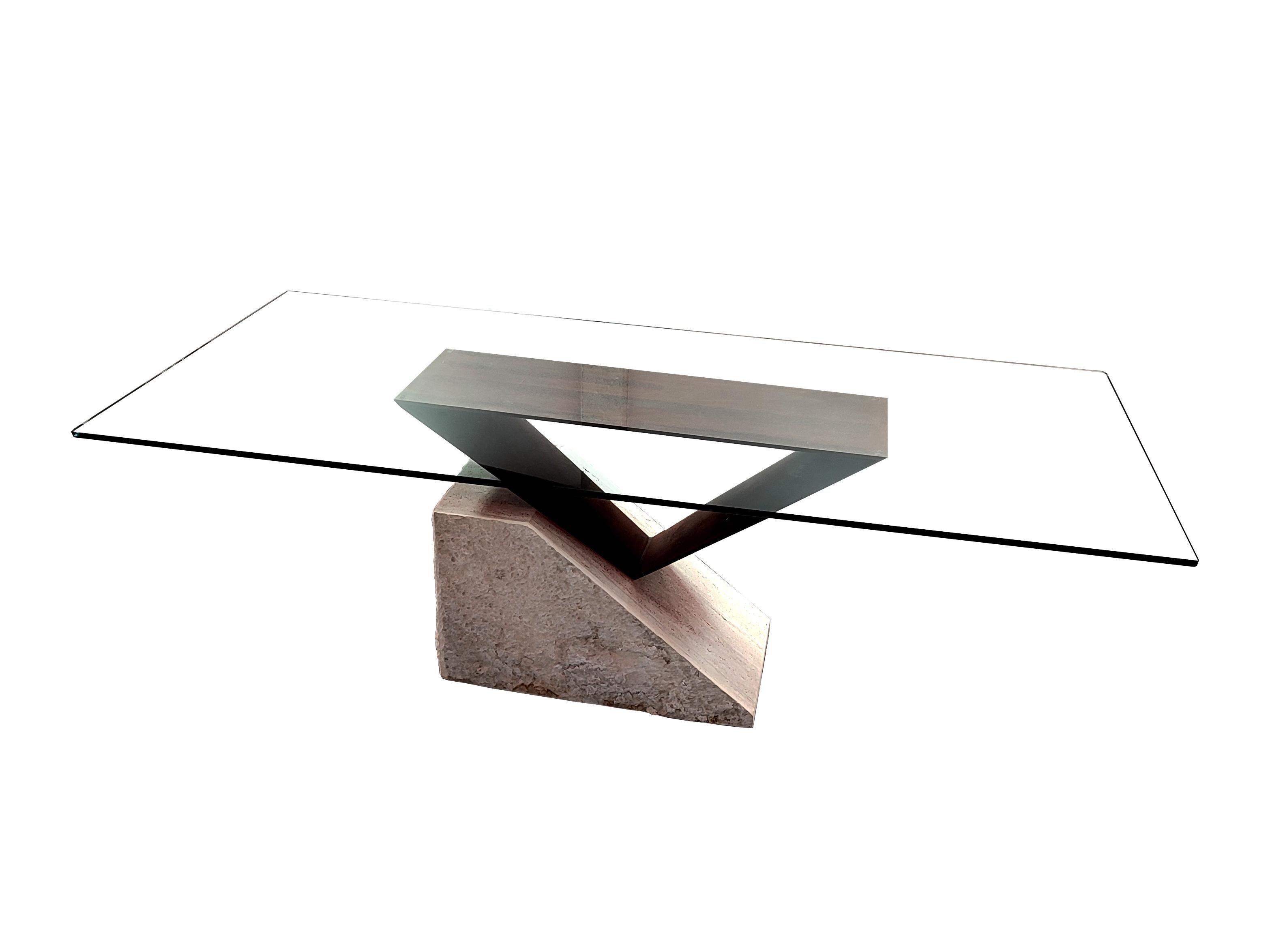 Dining Table Rough Travertine Marble & Rust Iron Unique Edition Italian Marble
Dining table in marble combined with metal and glass top. This is a one-piece limited edition by Spanish artist and designer Joaquín Moll. The travertine marble in this