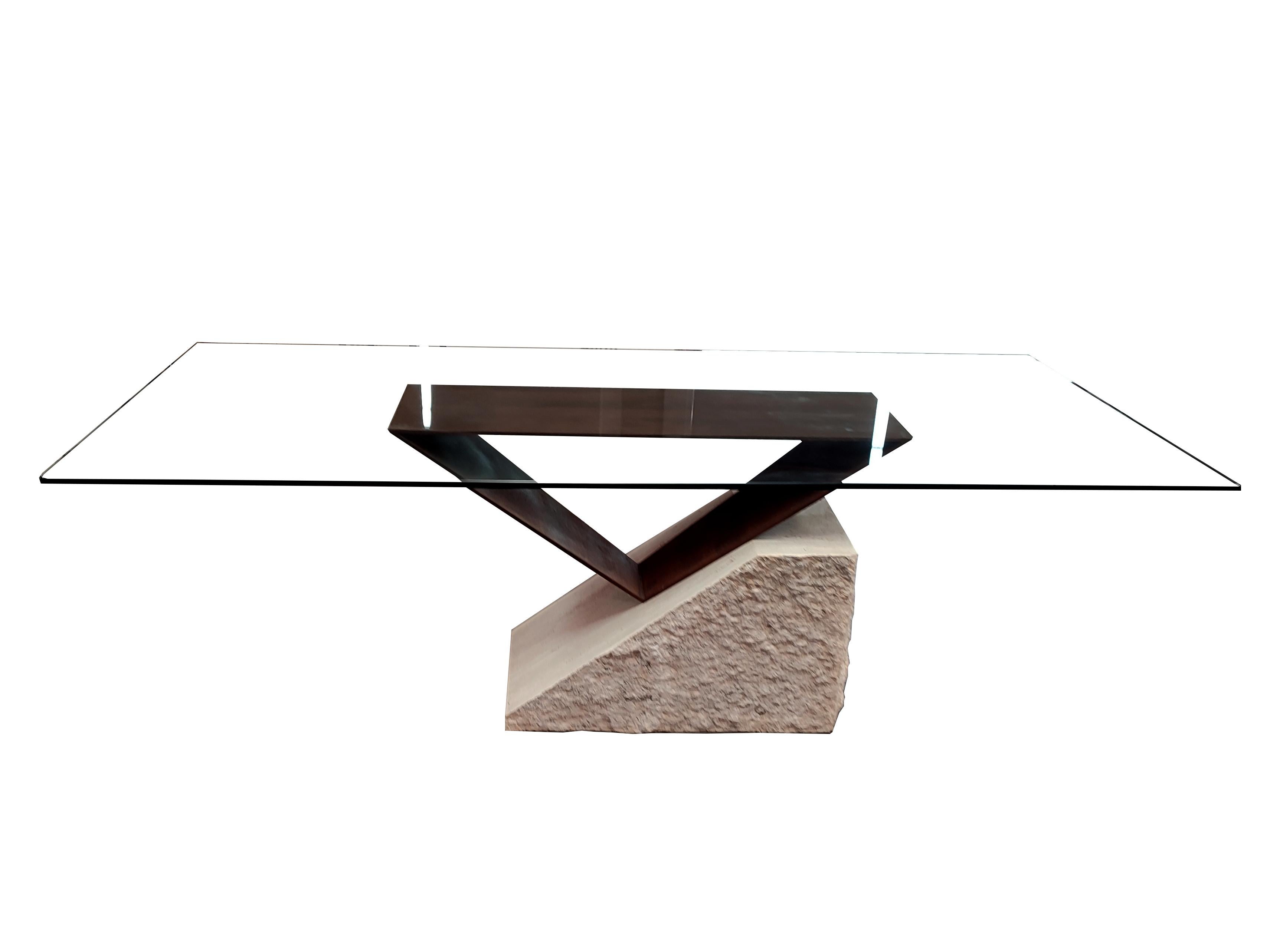 Modern Dining Table Rough Travertine Marble & Rust Iron Unique Edition Italian Marble For Sale