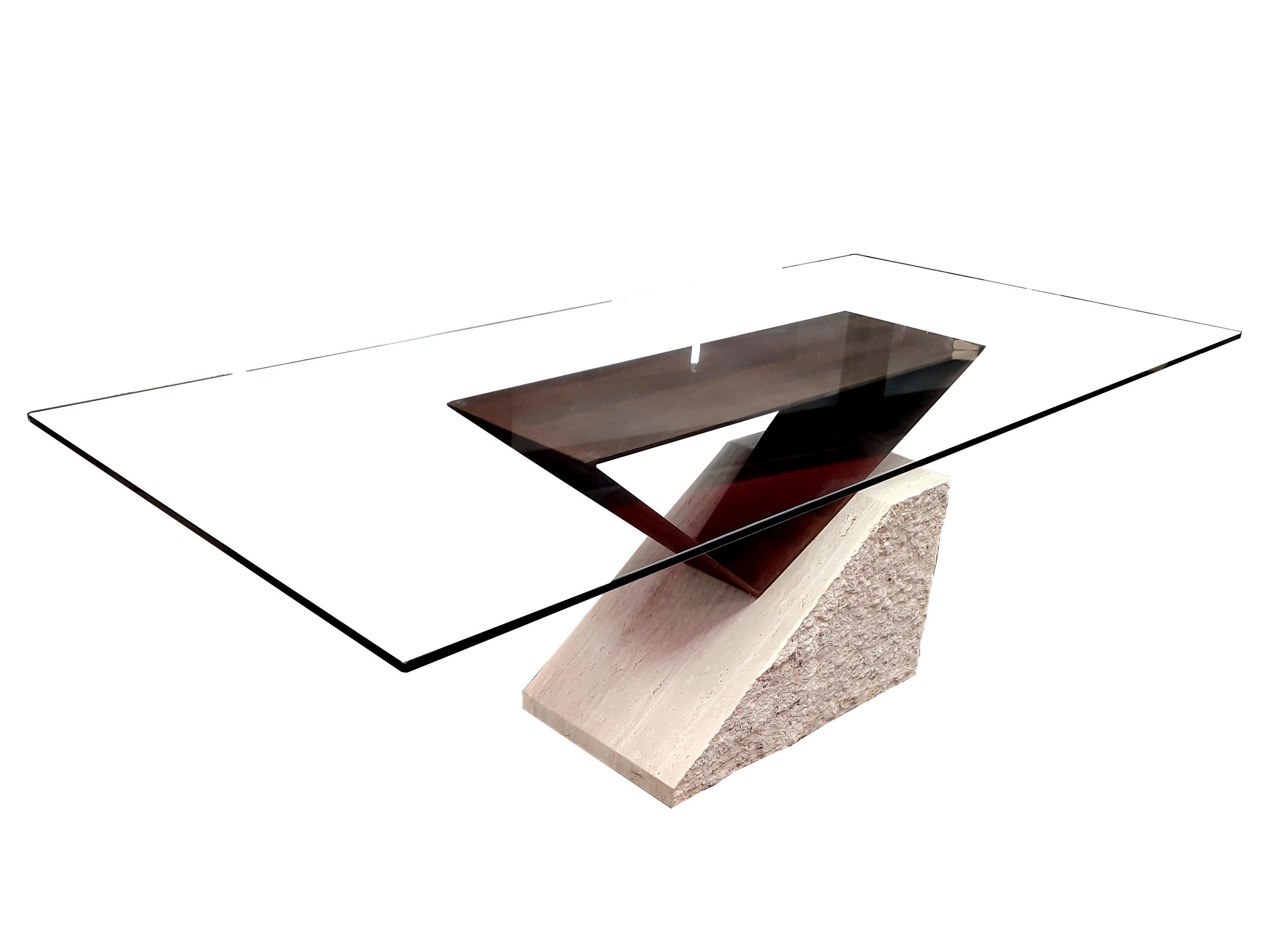 Crystal Dining Table Rough Travertine Marble & Rust Iron Unique Edition Italian Marble For Sale