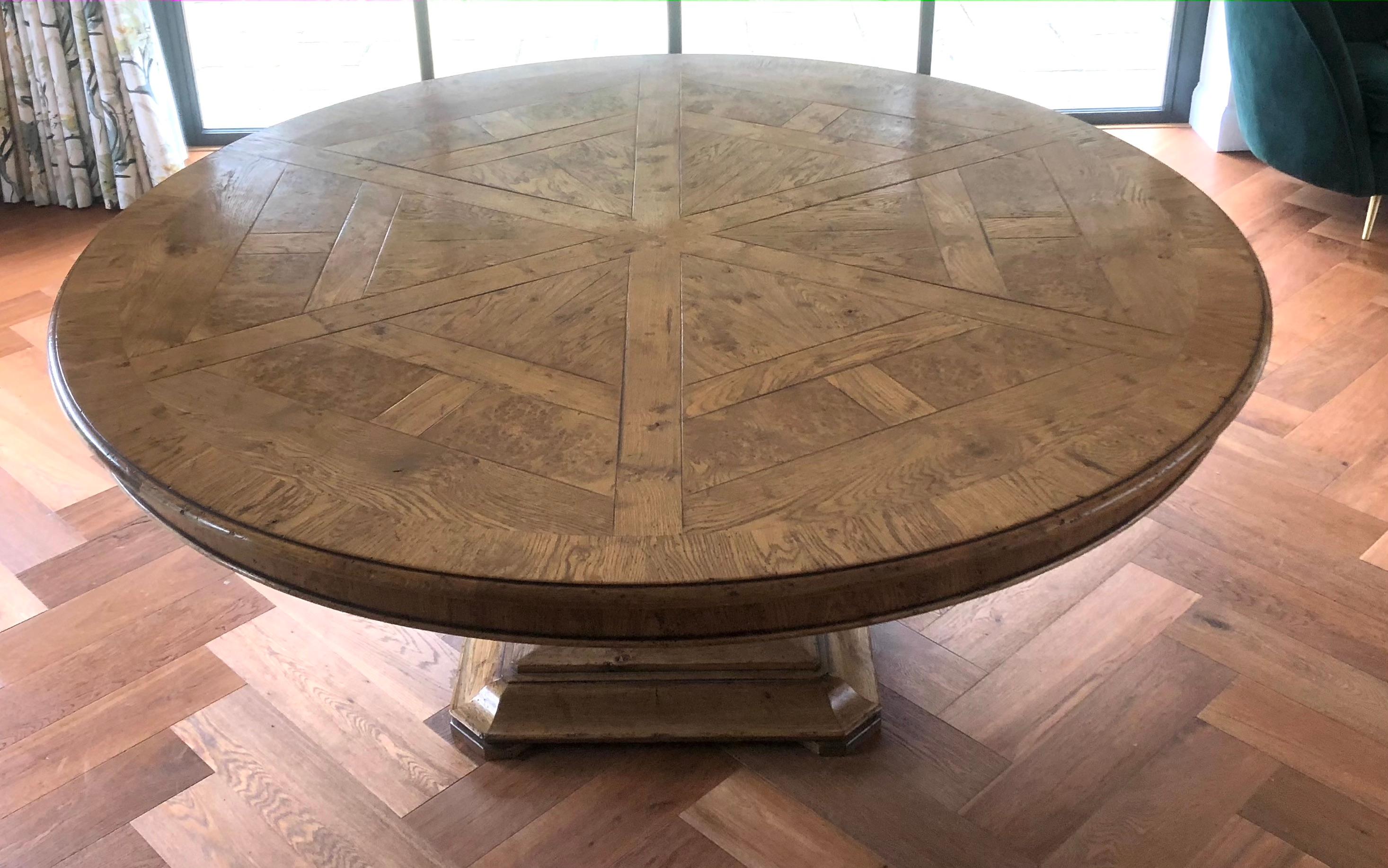 British Dining Table Round inlaid Oak & Burr Oak. For Sale
