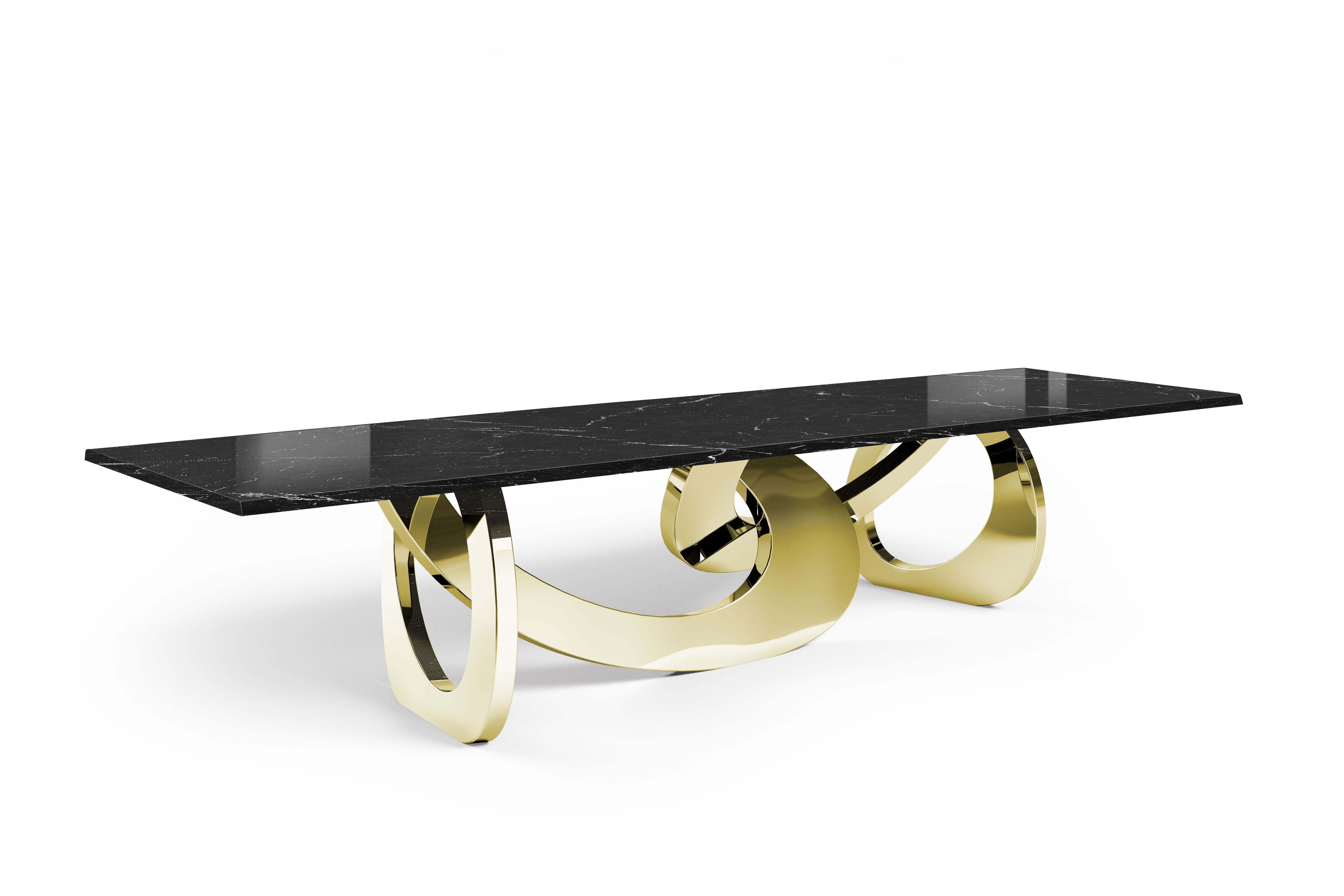 Tavolo da pranzo scultoreo con base in acciaio a specchio oro 24 Kt e piano in marmo nero Marquina in vendita