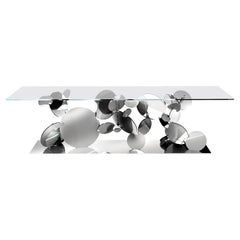 Dining Table Sculptural Stainless Steel Mirror Disks Base Tempered Glass Top