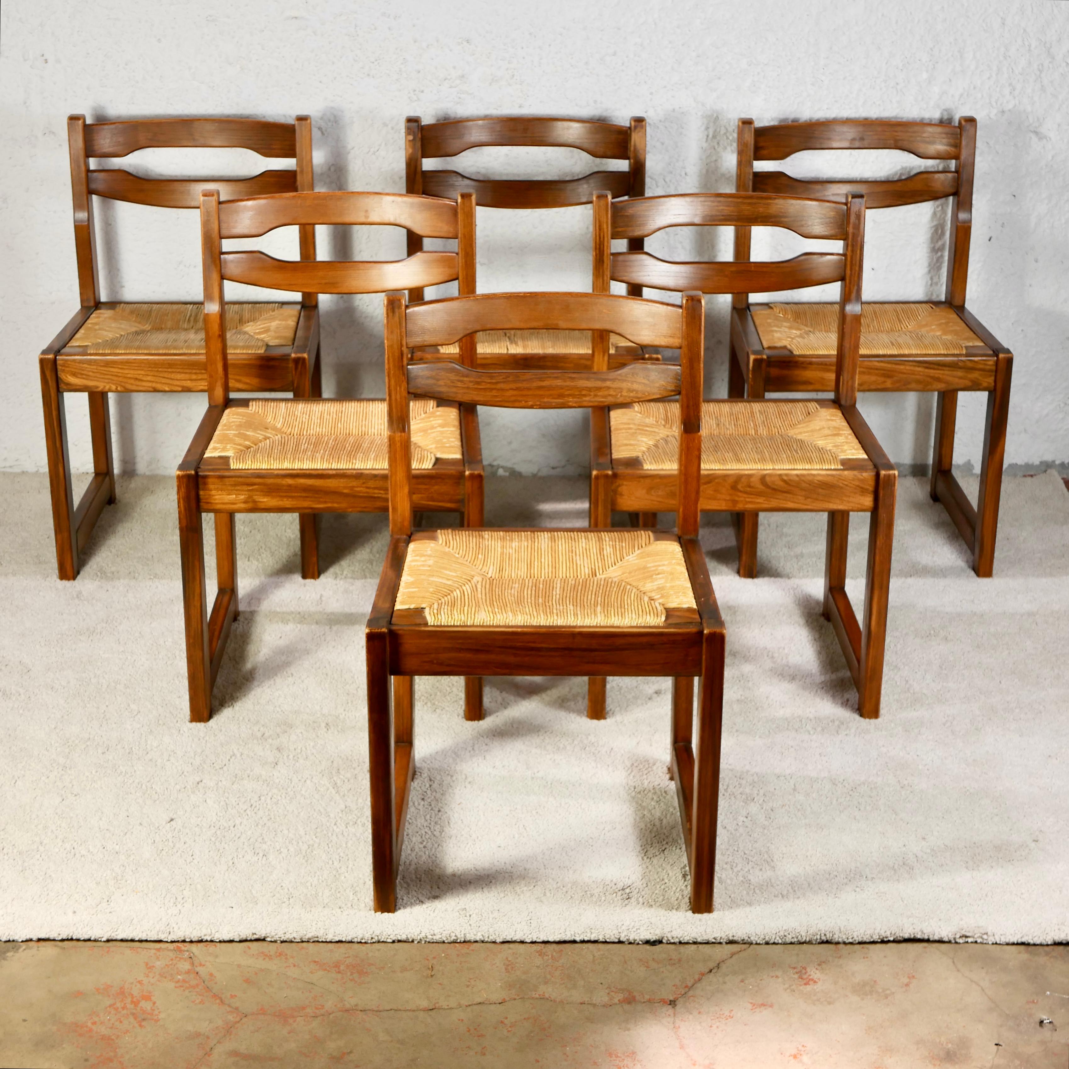 Dining table set with 6 chairs in solid elm by Maison Regain, 1970s, France 3
