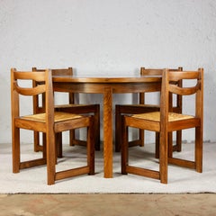 Dining table set with 6 chairs in solid elm by Maison Regain, 1970s, France