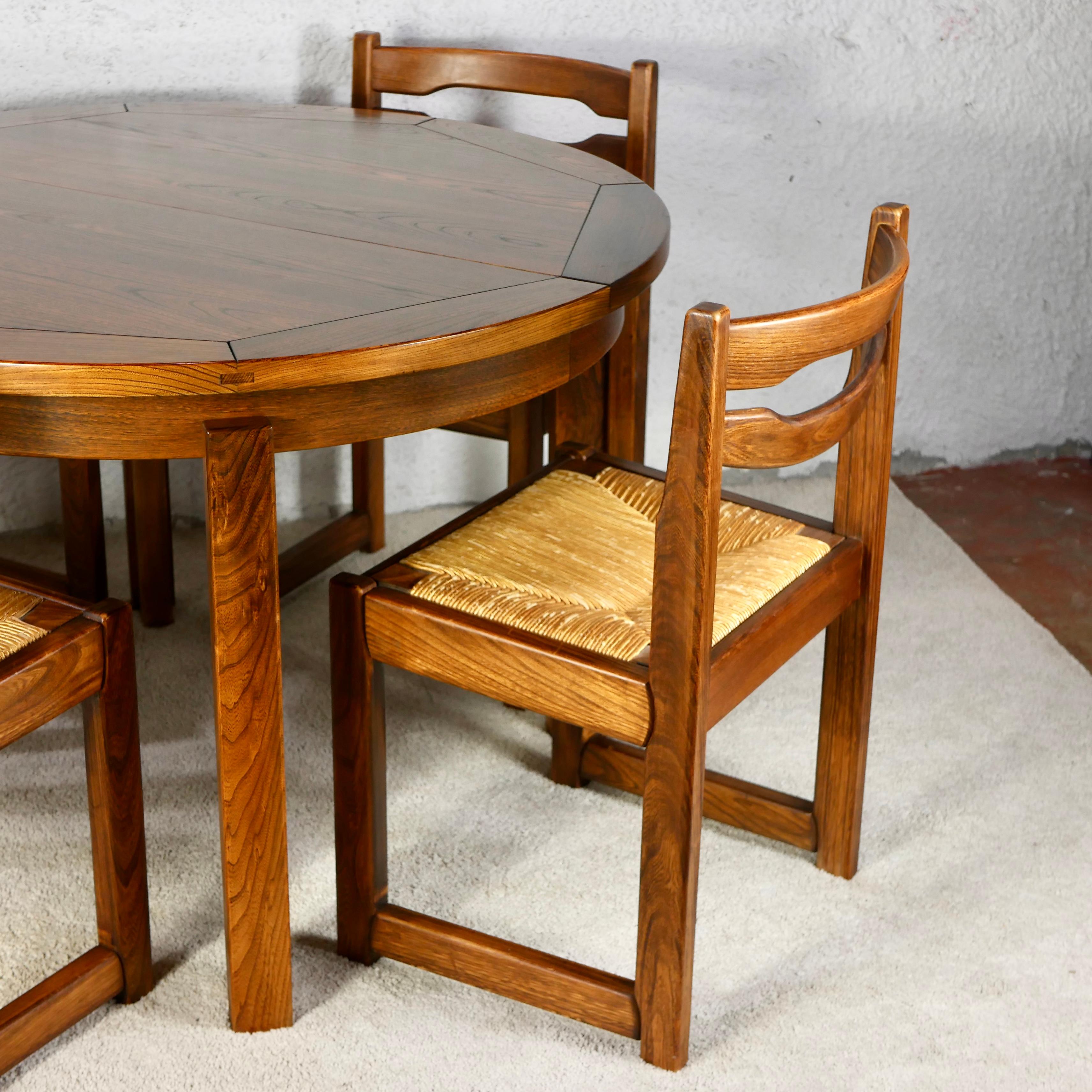 Brutalist Dining table set with 6 chairs in solid elm by Maison Regain, 1970s, France
