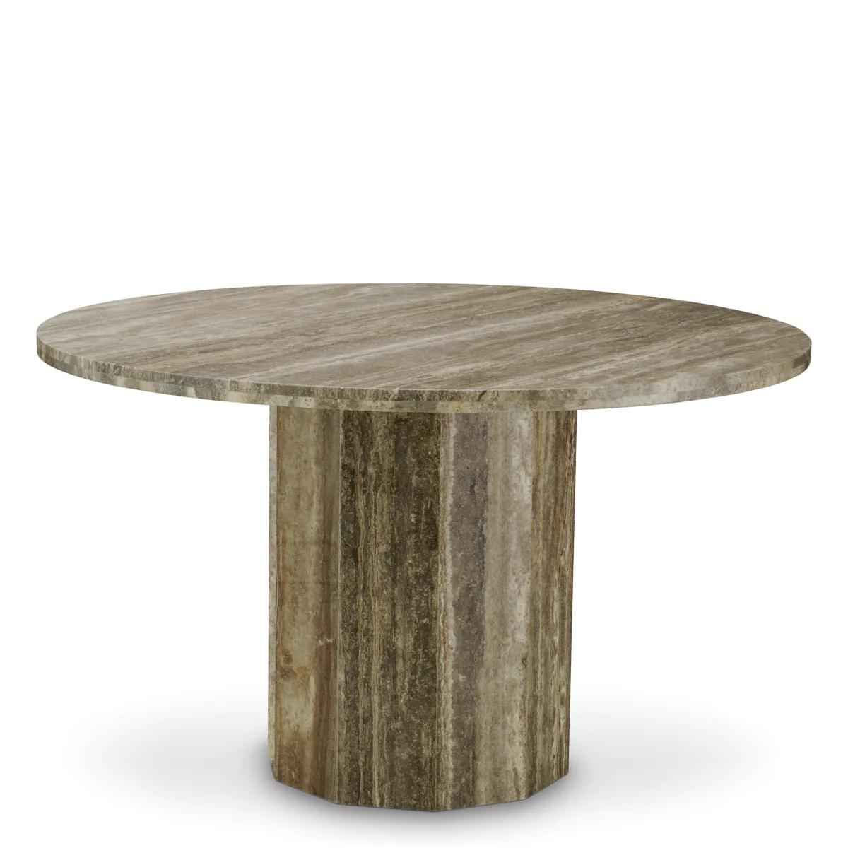 The Dining Table is a sculptural dining table made from silver travertine. Its refined proportions and tactile stone texture recall the timeless elegance of Romanesque architecture. The monolithic base and softened edges give the table a balanced