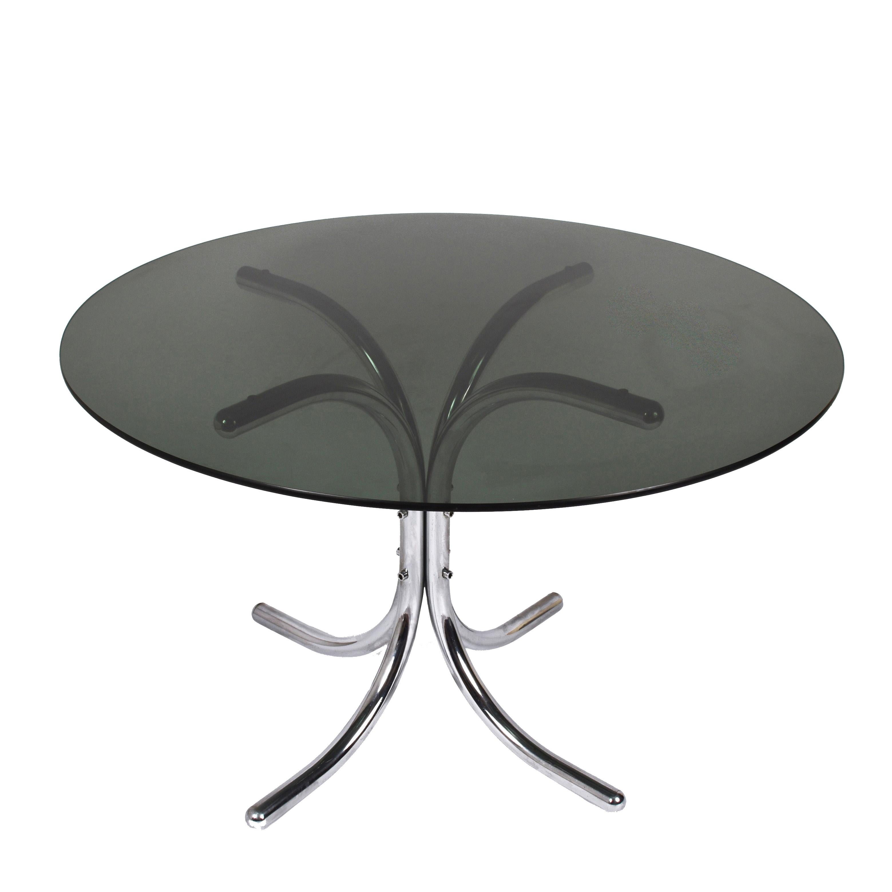 Dining Table Smoked Glass with Chromed Base in Giotto Stoppino Italy 1970s Style For Sale 4