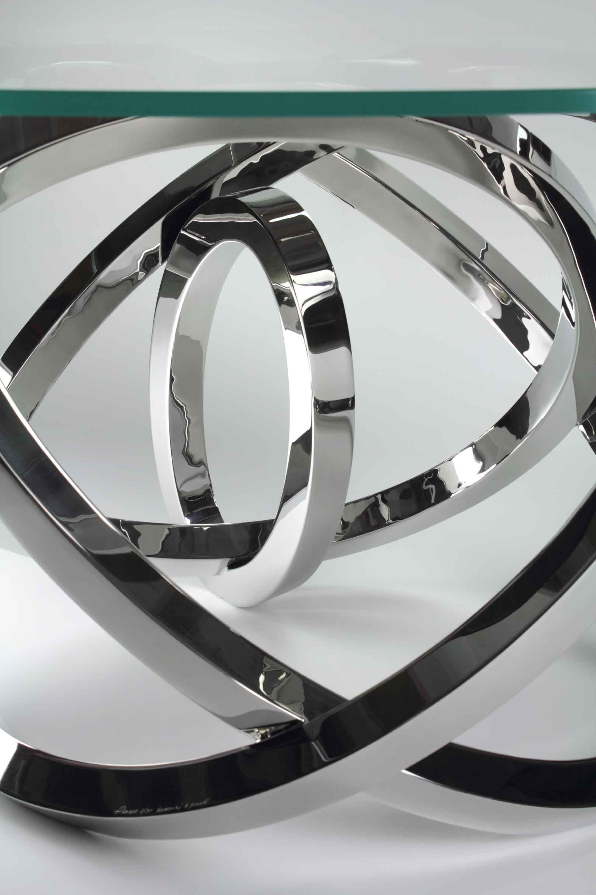 Esstisch Quadratisch Skulptur Metall Ringe Spiegel Stahl Marmor Auch Draußen Italien im Angebot 3