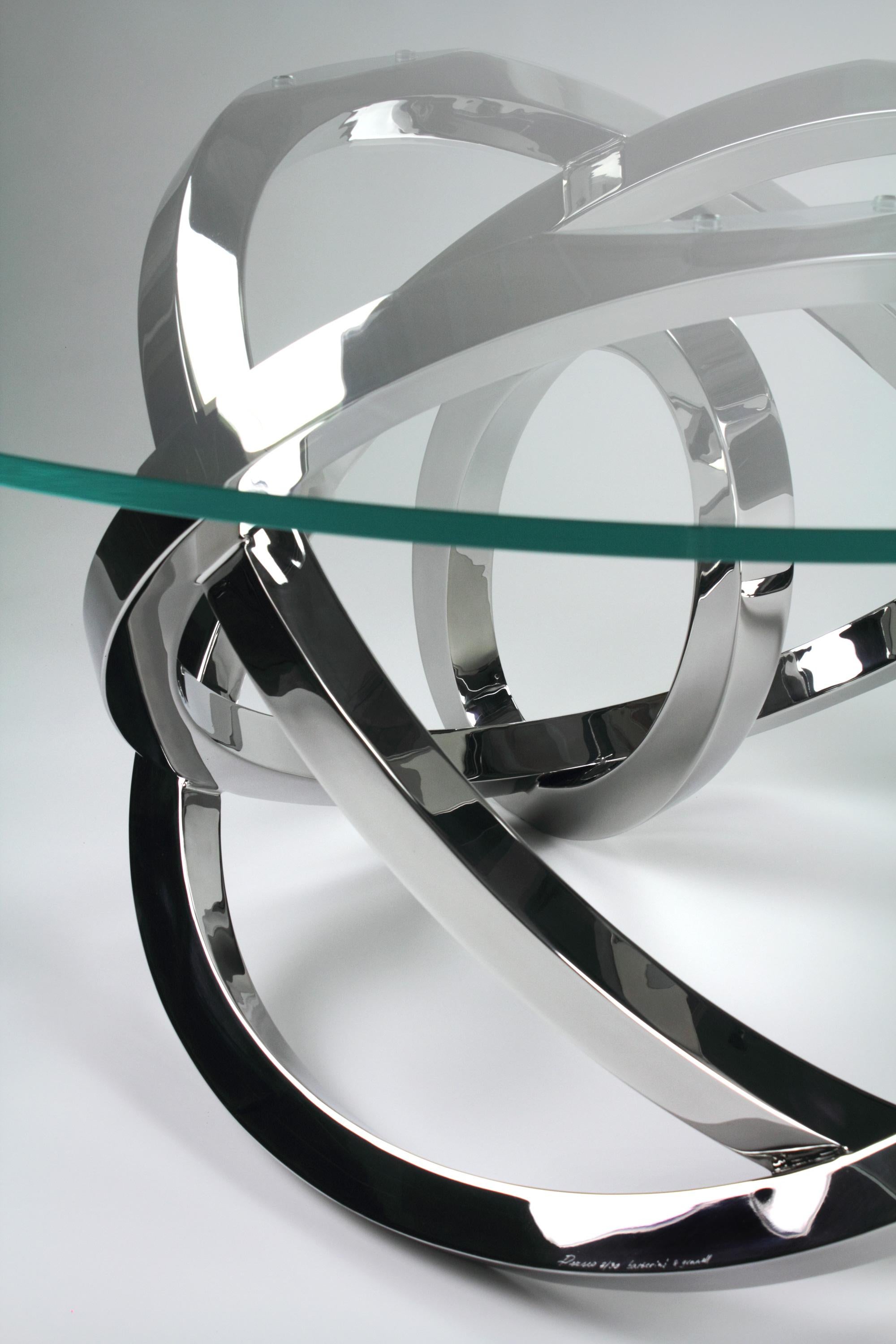 Esstisch Quadratisch Skulptur Metall Ringe Spiegel Stahl Marmor Auch Draußen Italien im Angebot 7