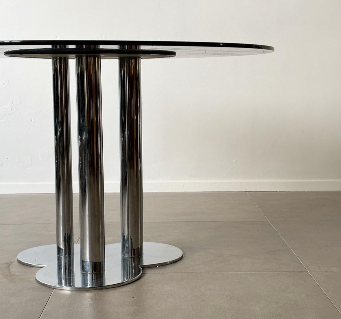 Chromed Steel Frame with Smoked Glass Clover Table designed by Sergio Asti for Poltronova, Italy, 1970s
•
Measurements: (cm)
D120 H72
•
Sergio Asti was a distinguished Italian designer and architect known for his innovative contributions to