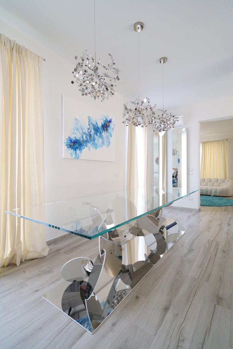 Dining Table Tempered Glass Top Stainless Steel Mirror Finish Base