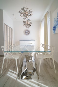 Dining Table Sculptural Stainless Steel Mirror Disks Base Tempered Glass Top