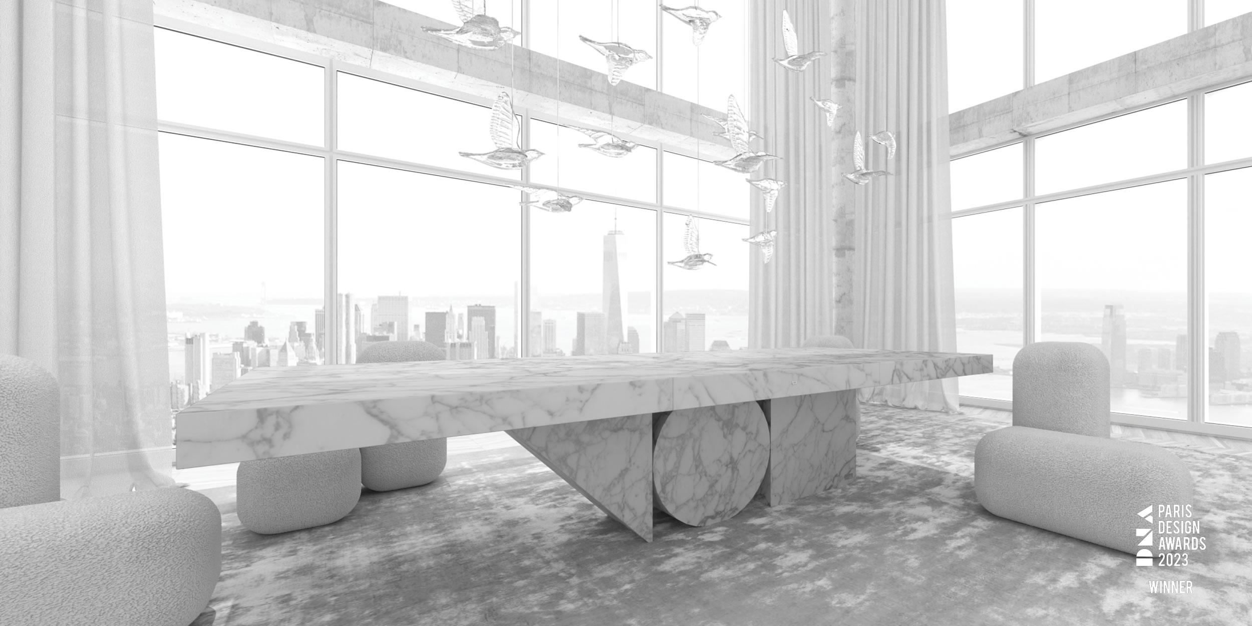 Dining table
by FELIX SCHWAKE

FS 190
CM L300 B140 H76
IN L118,11 B55,12 H29,92
Arabescato marble, white

2023

Individual dimensions and surfaces on request

Functional Art Sculpture.
One of a kind piece. 
Made to order by award winning German