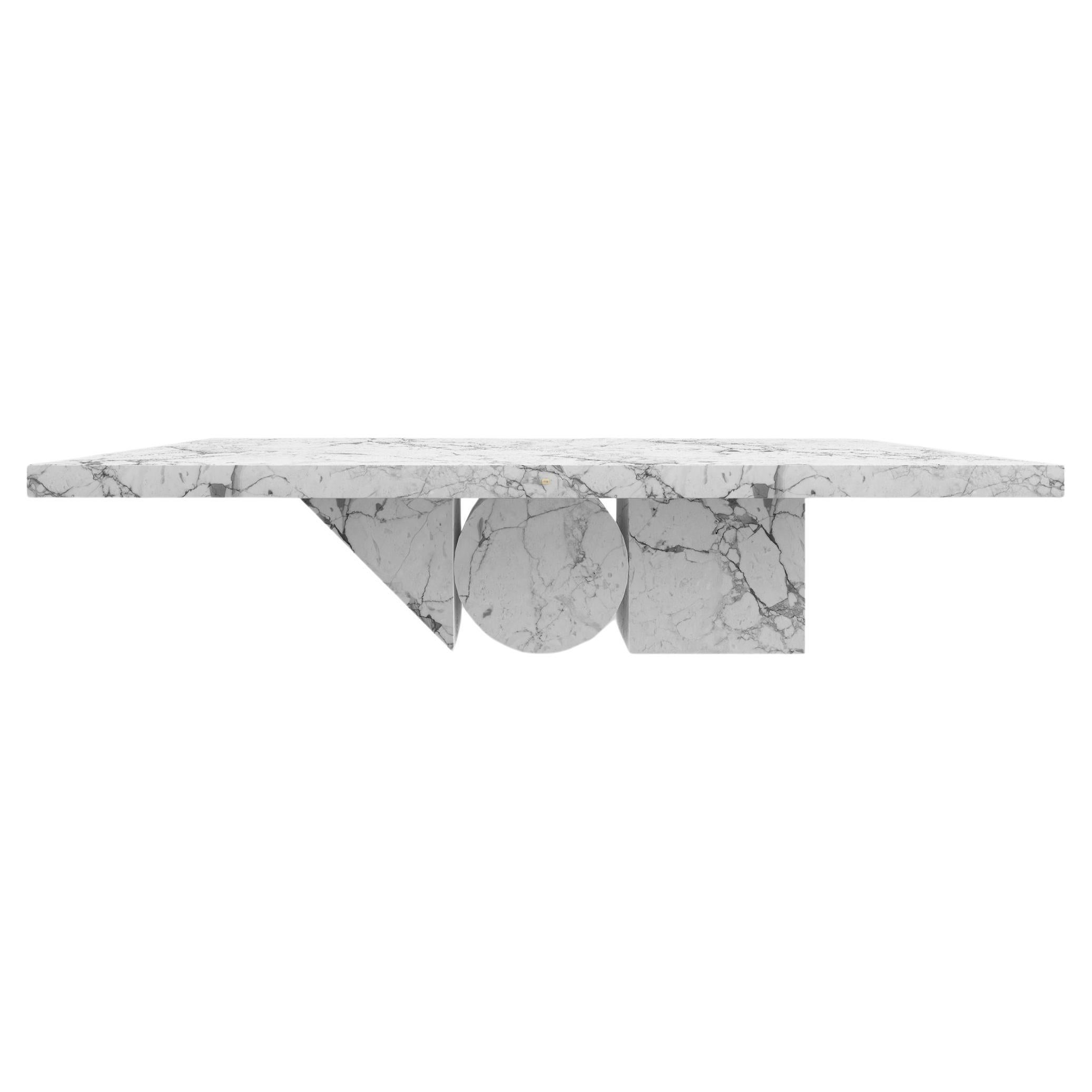 Esszimmertisch aus weißem Marmor 300x140x76cm Dreieck, Kreis, Quadratisches Bein, handgefertigt