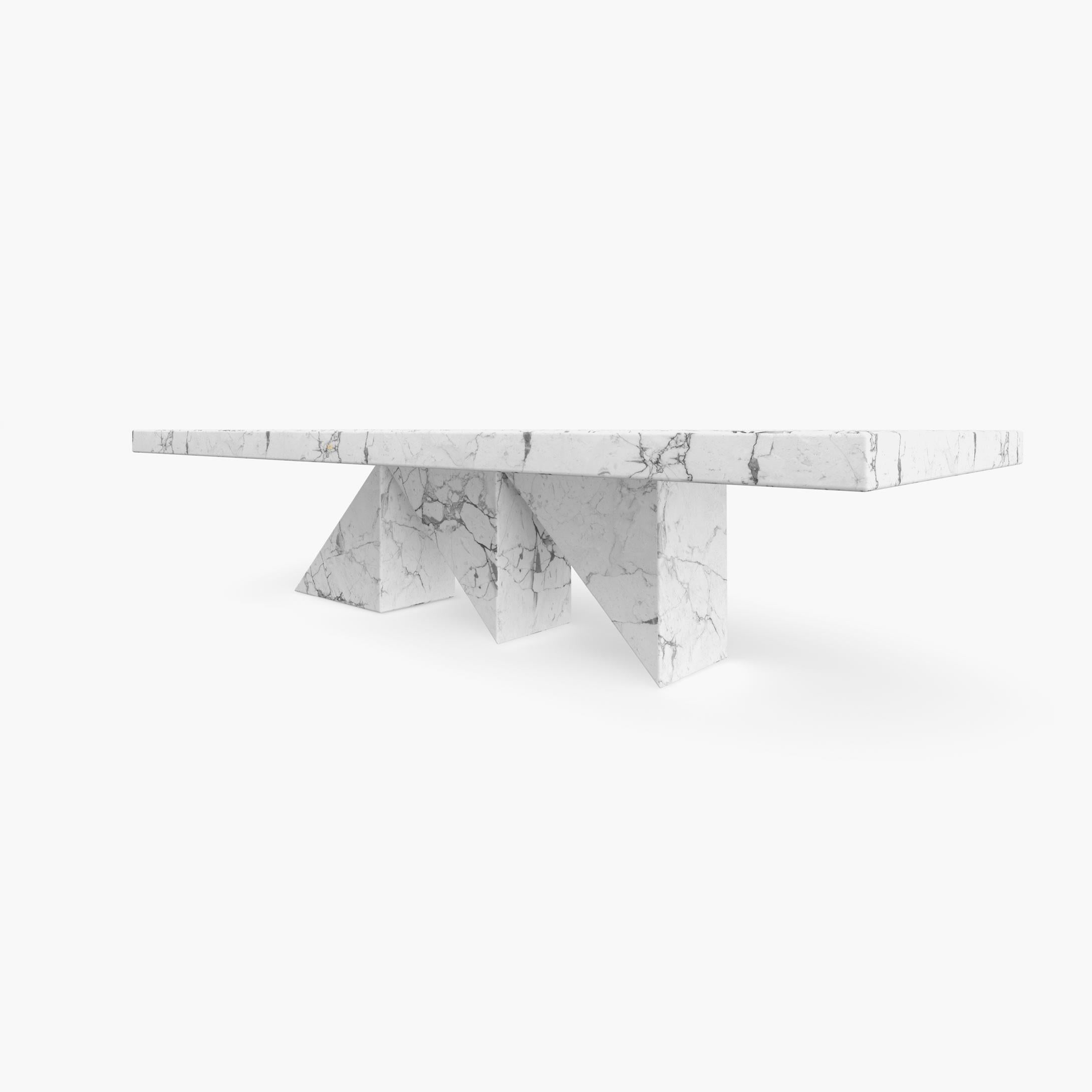 Contemporary Dining-Table White Marble 300x140x76cm Triangular Middle-Leg, Handcrafted, pc1/1 For Sale