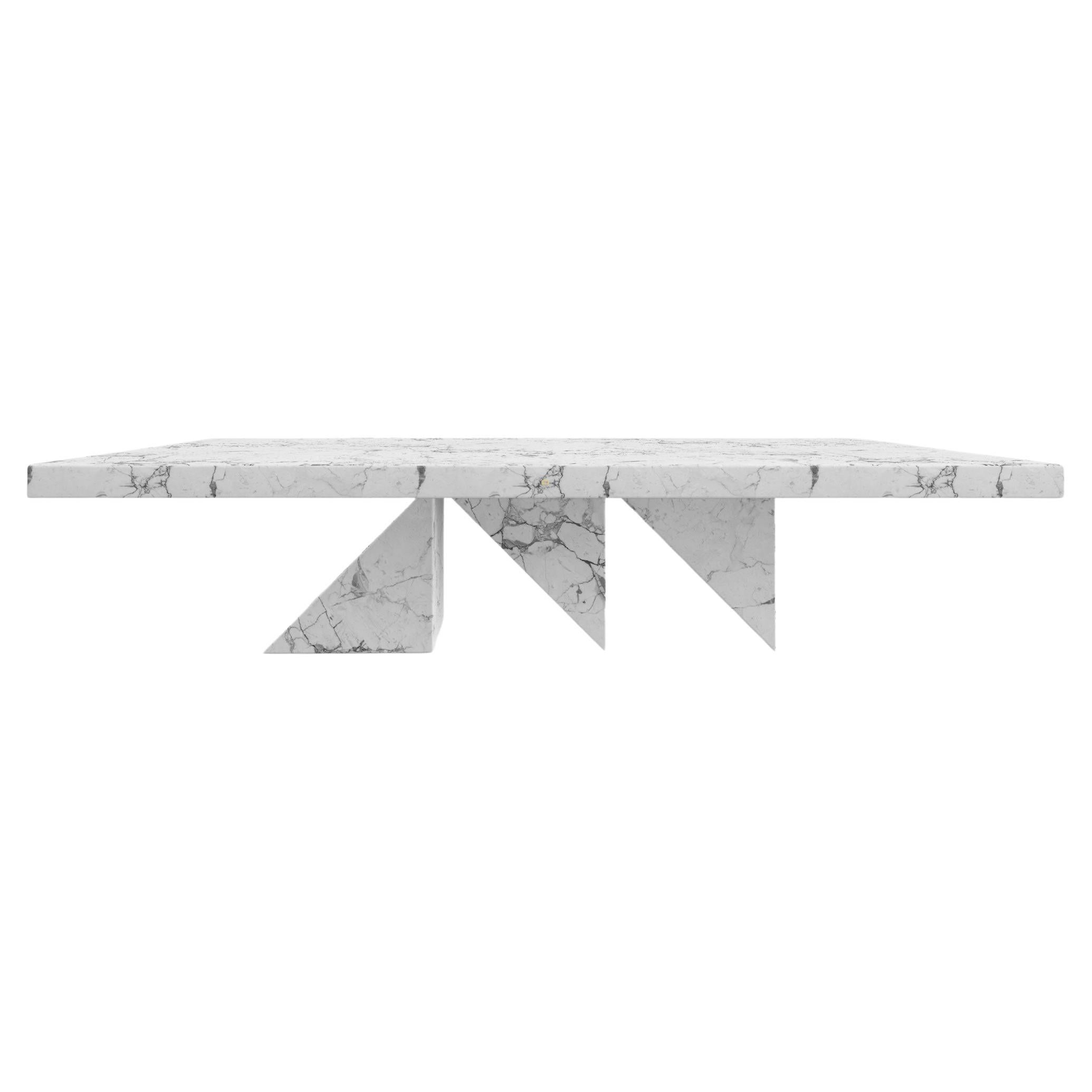 Table de salle à manger triangulaire à mi-chemin en marbre blanc 300x140x76cm, fabriquée à la main, pc1/1