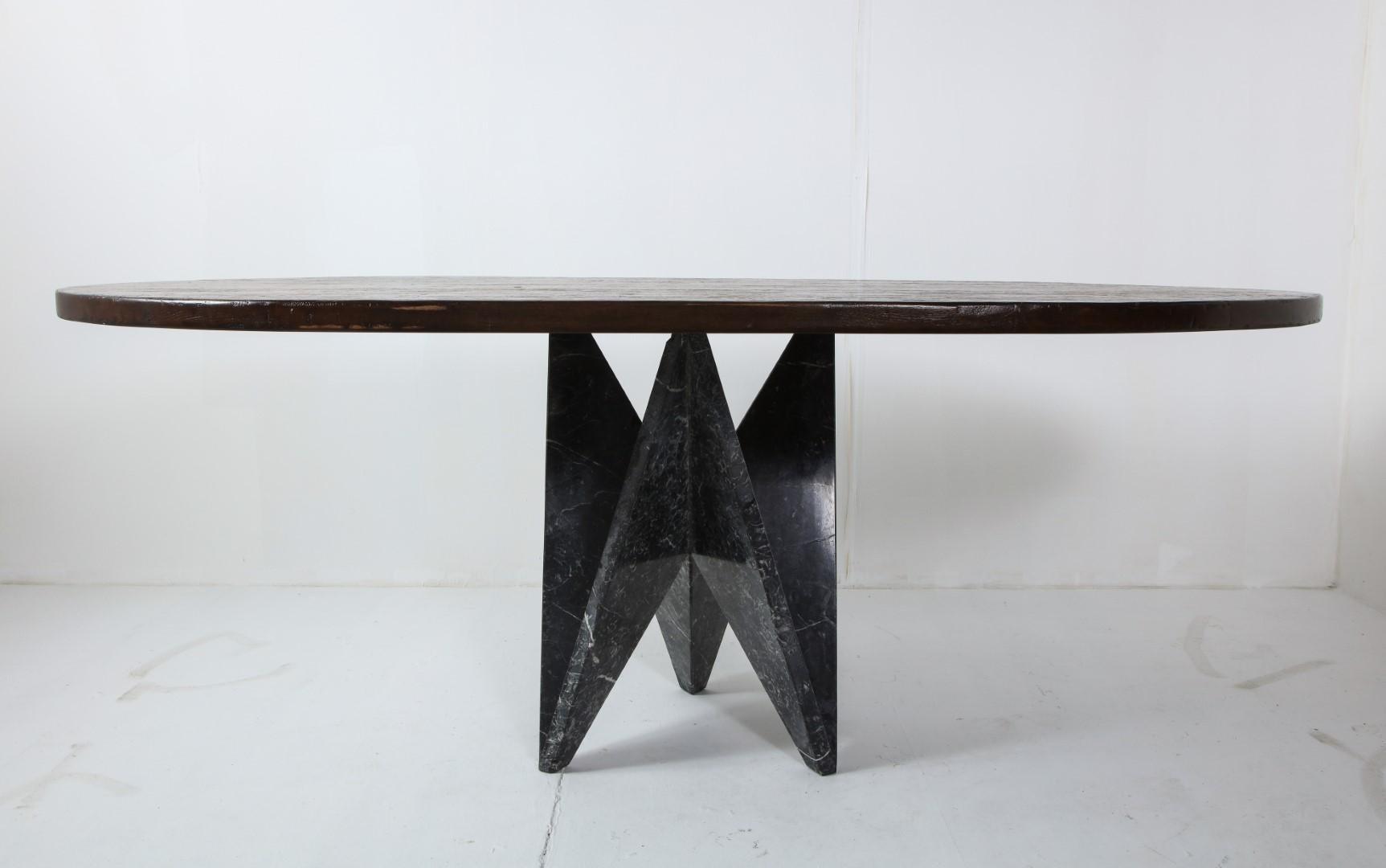 Mid-Century Modern Dining Table with 1980s Italian Black Marble Base and Custom Walnut Oval Top