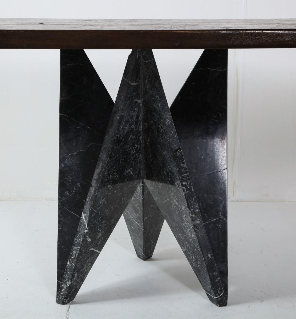 Dining Table with 1980s Italian Black Marble Base and Custom Walnut Oval Top In Good Condition In Chicago, IL