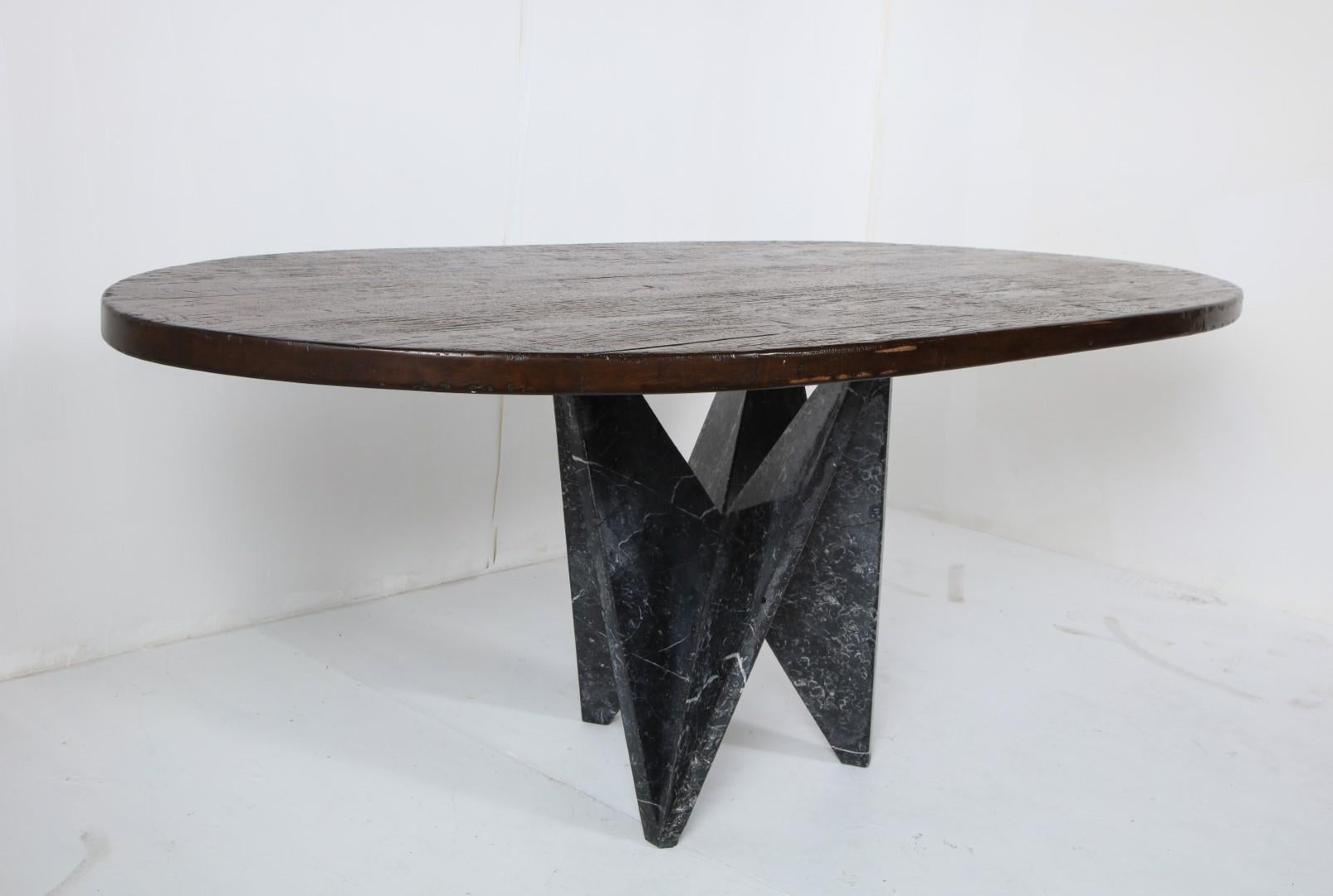 20th Century Dining Table with 1980s Italian Black Marble Base and Custom Walnut Oval Top