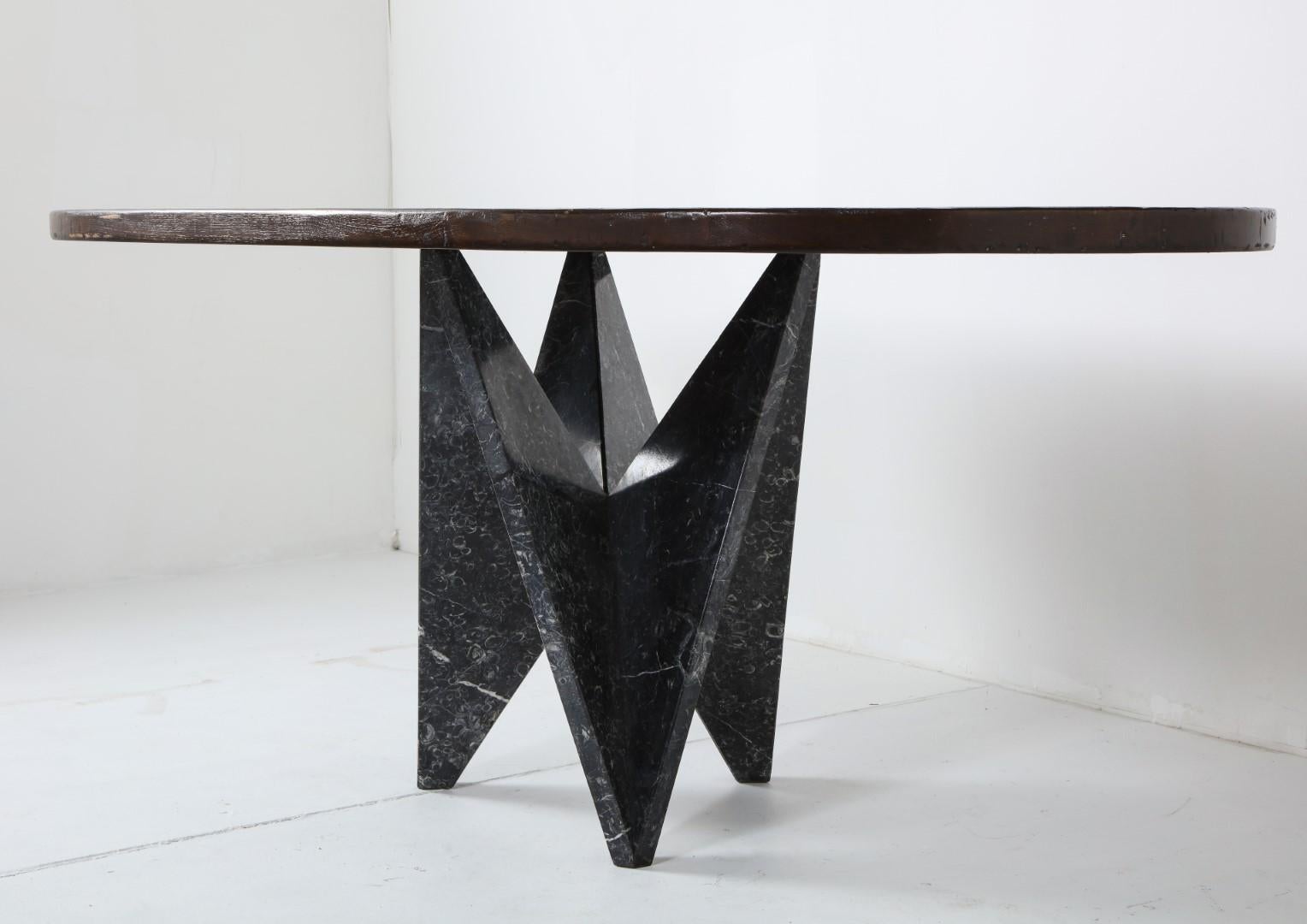 Dining Table with 1980s Italian Black Marble Base and Custom Walnut Oval Top 2
