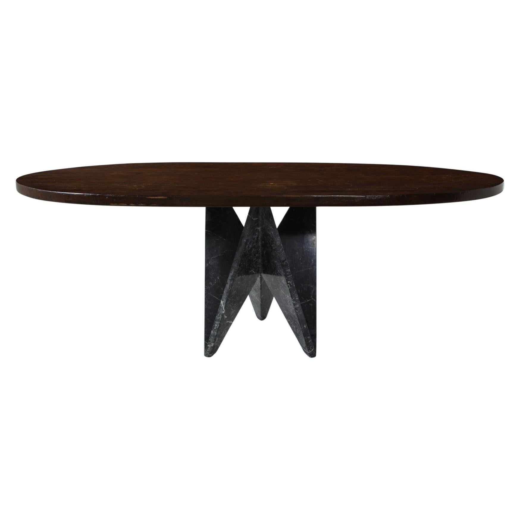 Dining Table with 1980s Italian Black Marble Base and Custom Walnut Oval Top