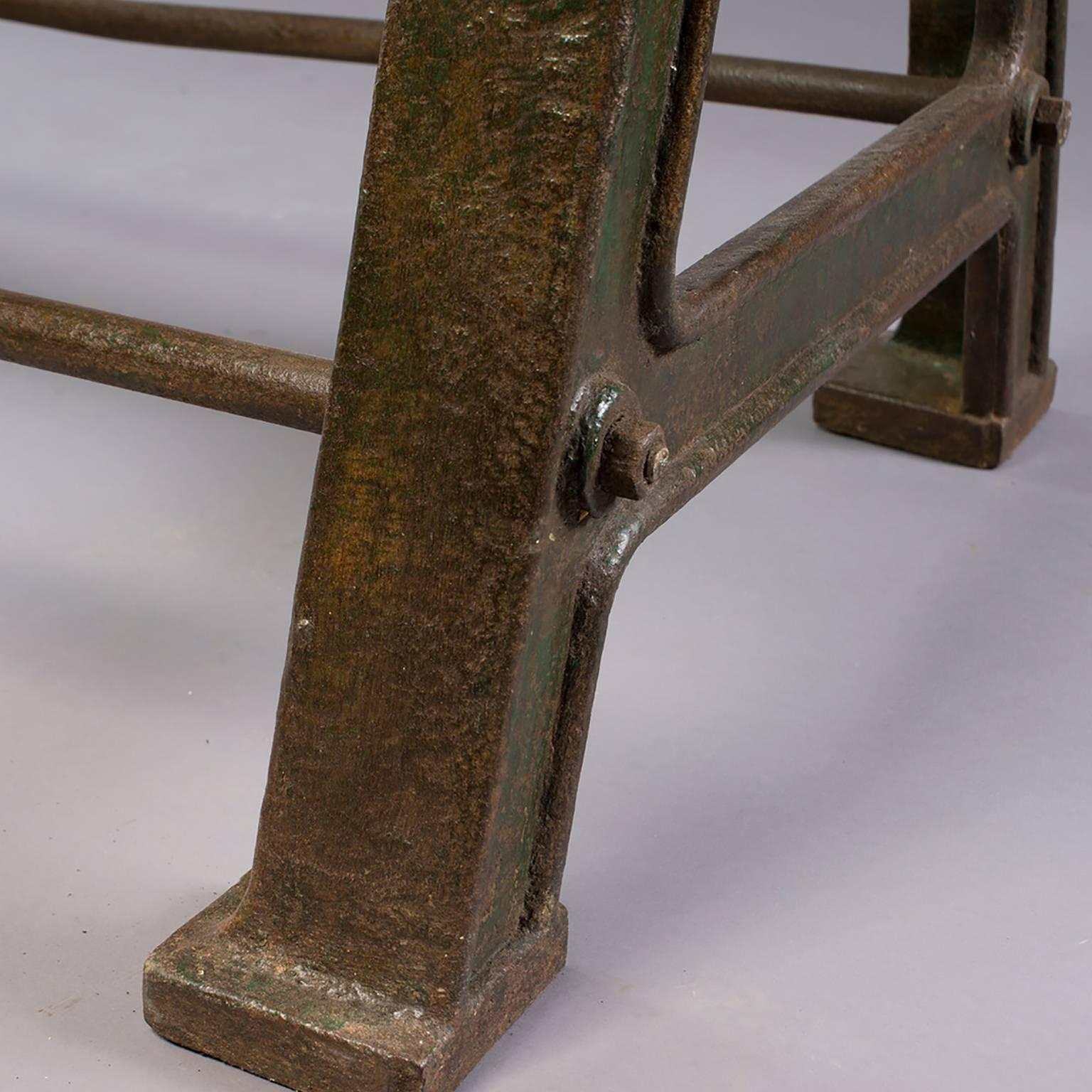 Dining Table with Industrial Iron Base, Original Paint and New Glass Top​ 5