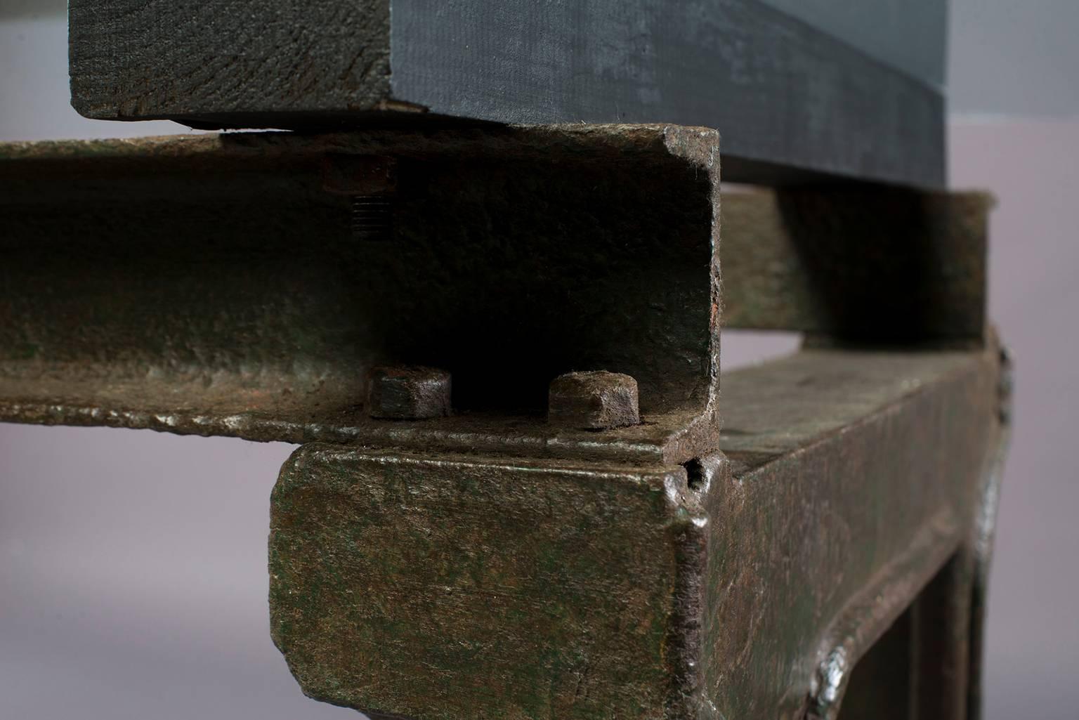Dining Table with Industrial Iron Base, Original Paint and New Glass Top​ 7