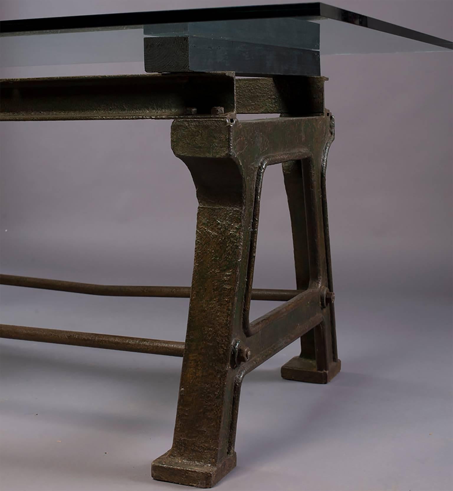 Dining Table with Industrial Iron Base, Original Paint and New Glass Top​ 8